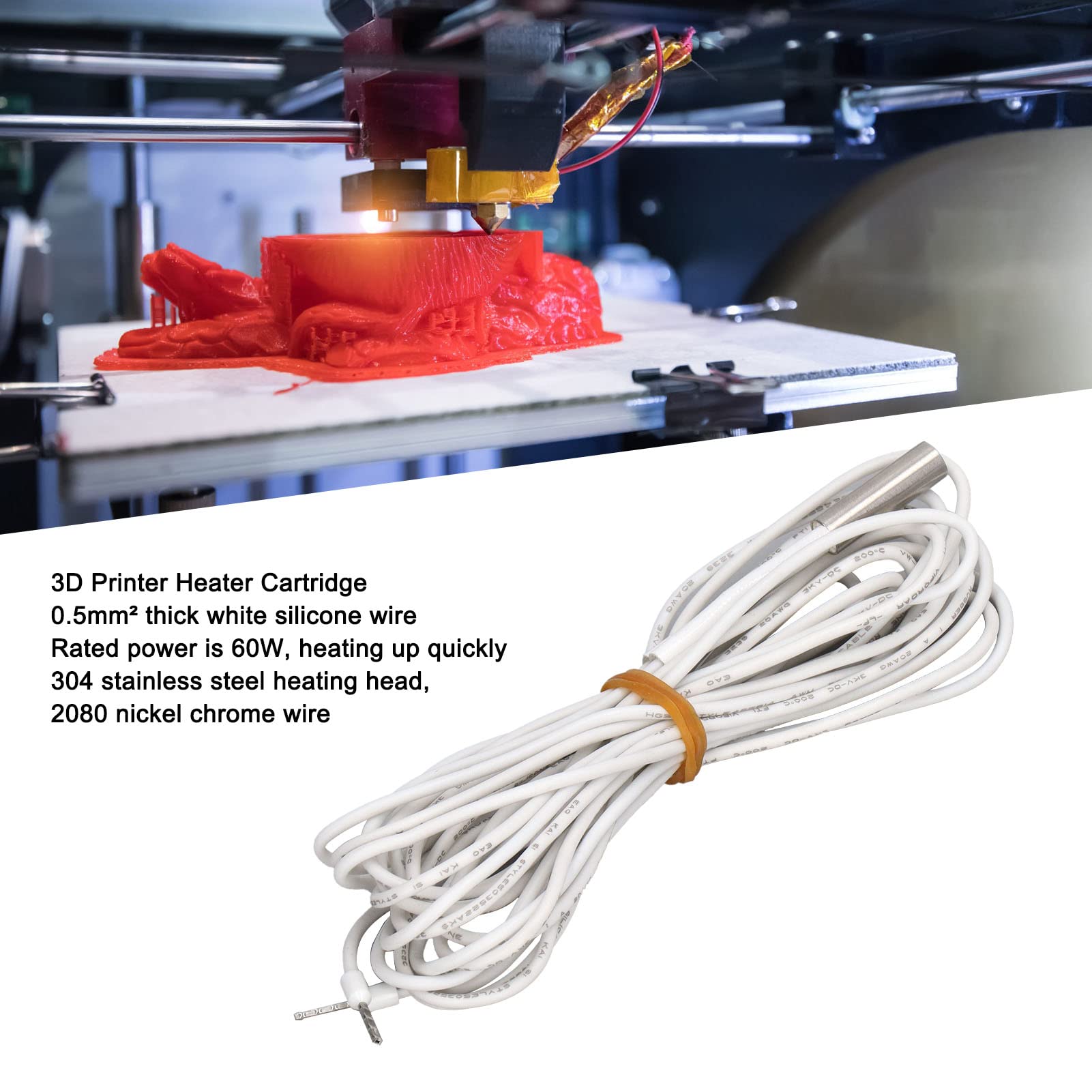 Produktbild von MakerMind Heizpatrone 24V 60W – 1 M Kabel, 6x20 Mm, 420°C, Edelstahl 304, Keramikkern, Für 3D-Drucker Hotends, Voron, Trident