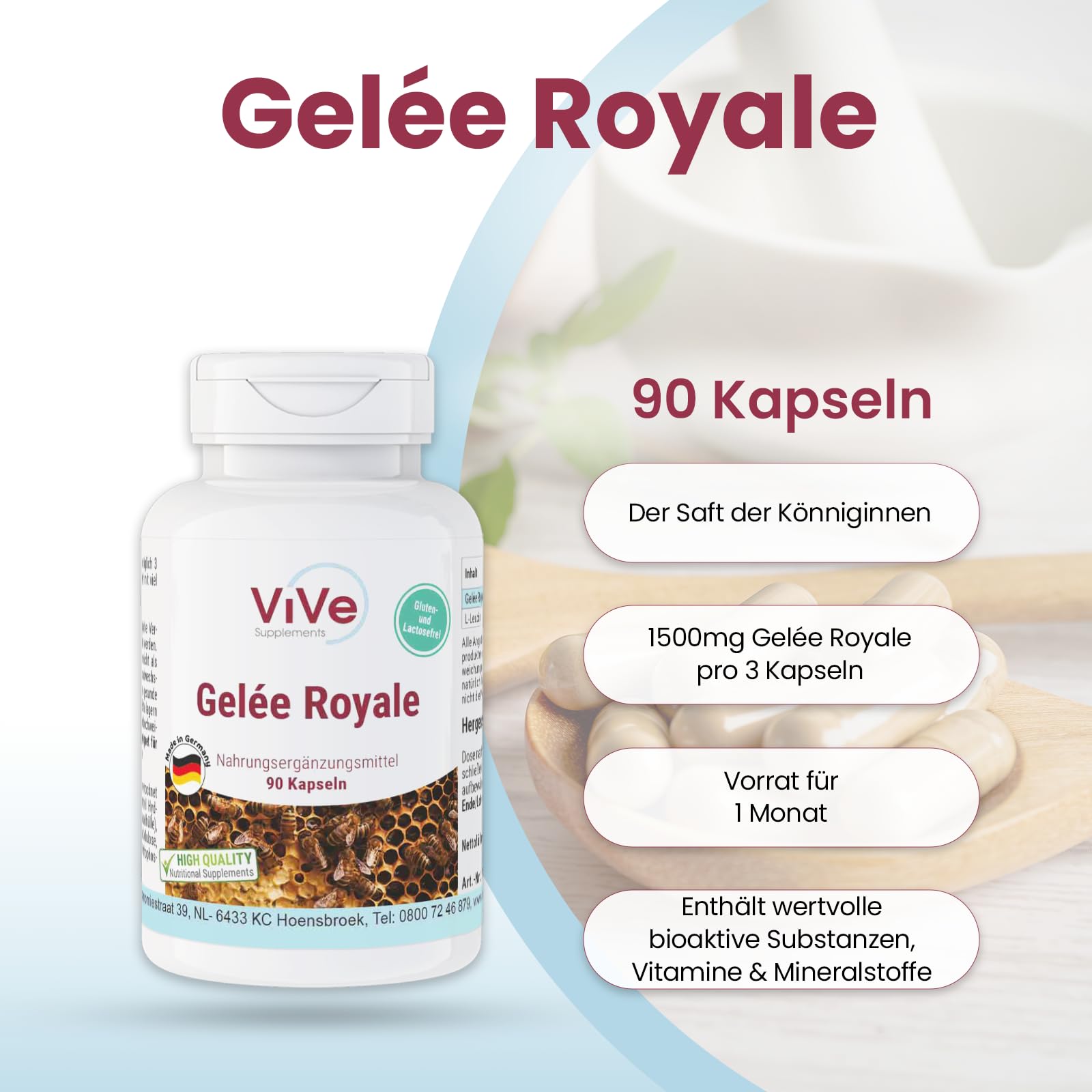 Gelée Royale 500mg - 90 Kapseln - schluckfreundlich - Standardisiert auf 4% 10-HDA - Hochwertige Qualität nach ISO-Norm - Schonend gefriergetrocknet | Qualität aus Deutschland von ViVe Supplements