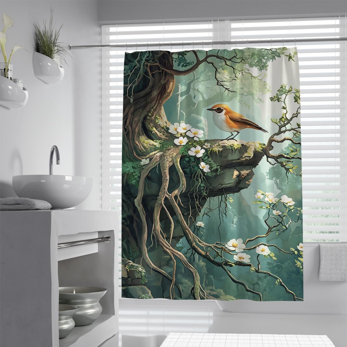 UERWOWELL Cottagecore Shower Curtain Bird on Cliff with Mystical Forest Background Bathroom Decor Shower Curtains Quick Dry Waterproof Polyester W100xL180 cm