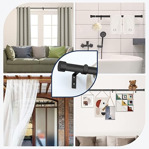 Miniatura 6 de Barra de cortina negra para ventanas de 30 a 120 pulgadas, barra de cortina ajustable decorativa de 1 pulgada de diámetro con soportes para divisor