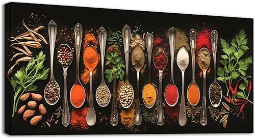 Wewejia Cuadros de cocina para decoración de pared, 48 x 24 pulgadas, diseño de especias en cuchara, vintage, arte de pared, fotos de alimentos,