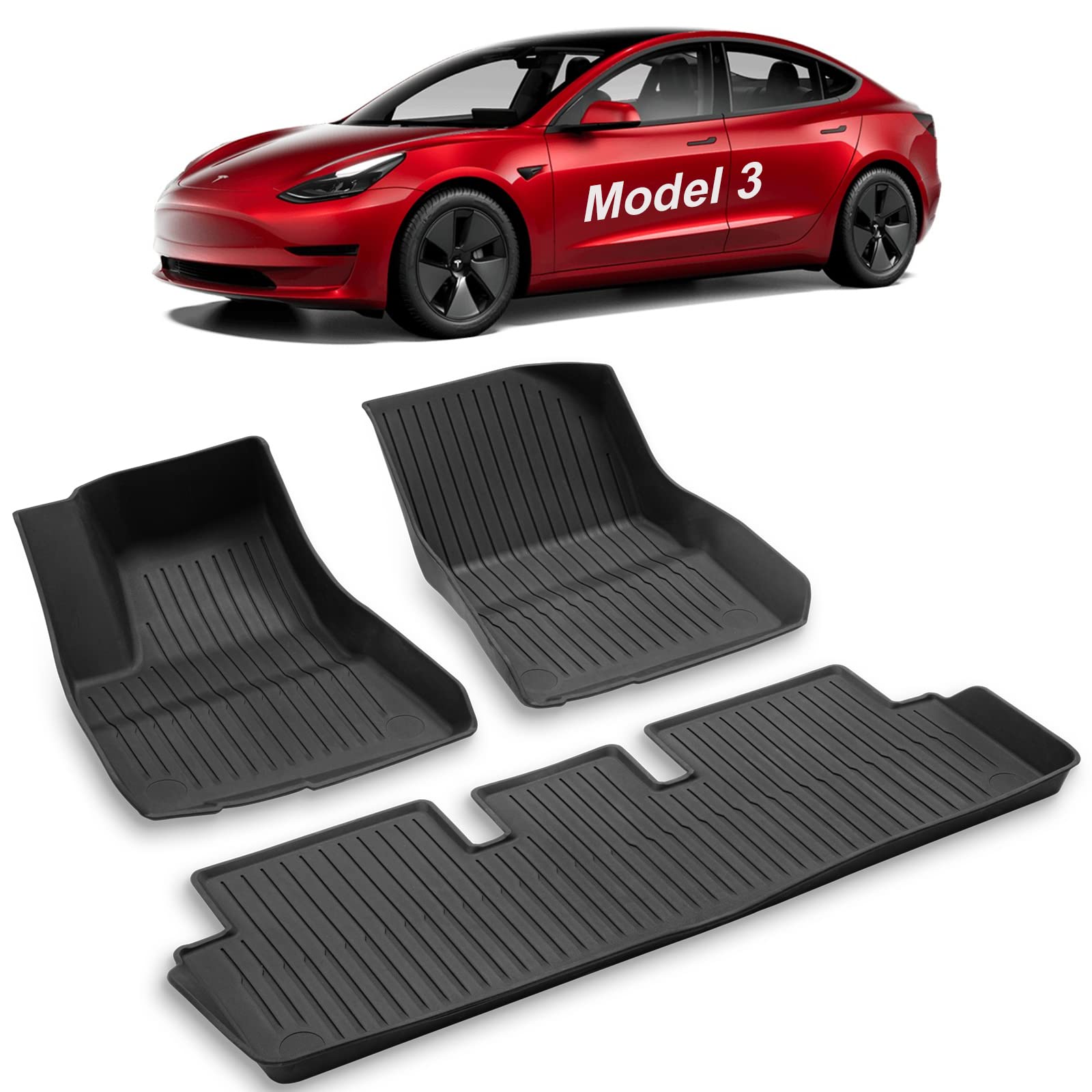 Spurtar Car Floor Mats All Weather for Tesla Model 3 2023 2022 2021, 3D Anti-Slip Waterproof Floor Mat, TPE Front Floor Mats and Rear Floor Mats, 3 Pack