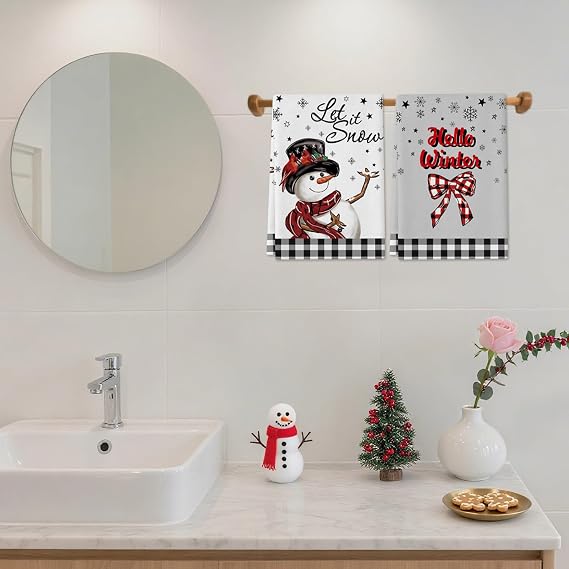 Christmas Kitchen Towels and Dishcloth Sets,18x26 Inch Xmas Snowman Trees Christmas Dish Towels for Kitchen,Buffalo Plaid Kitchen Towels Christmas Winter Holiday Decoration Hand Towels