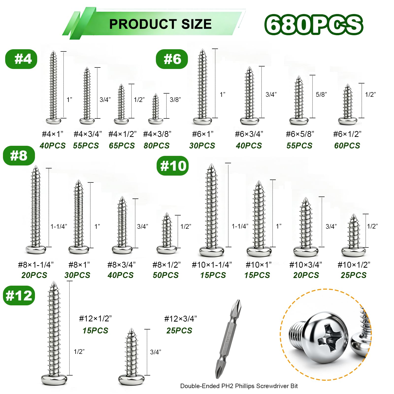 Kit surtido de 680 tornillos de madera, tornillos de cabeza plana de acero inoxidable 304, #4#6#8#10#12, tornillos de chapa de 0.25 a 1-0.5 pulgadas, juego de tornillos autorroscantes