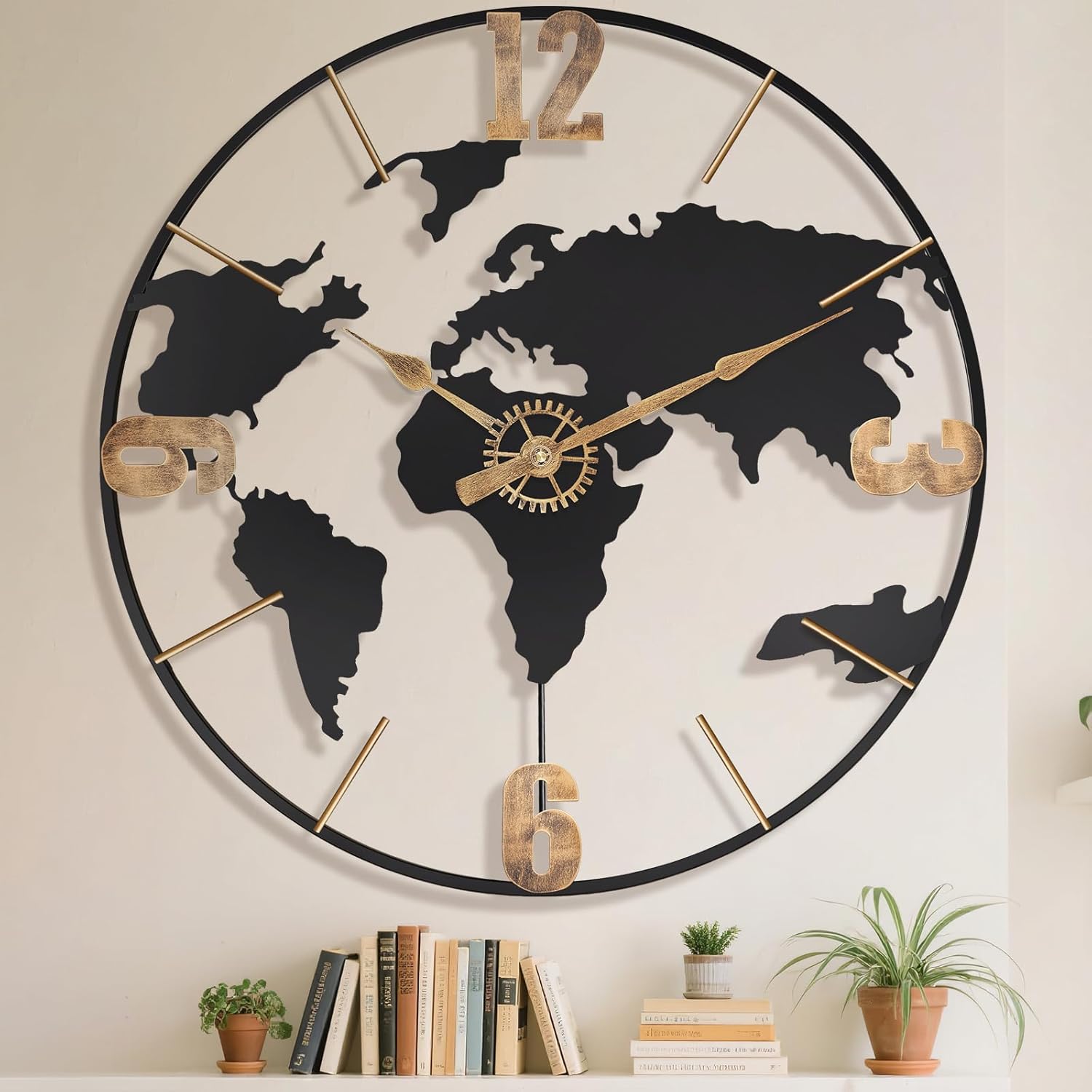 24 Inch Large Wall Clock,Modern Decorative Big World Map with Vintage Gold Arabic Numeral Extra Giant Metal Oversized Wall Clocks for Living Room,Office,Kitchen,Dining Room,Bedroom Gold Arabic 24 inch