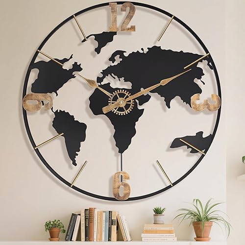 Miniatura 8 de Reloj de pared grande de 24 pulgadas, reloj decorativo moderno y silencioso de metal con mapa mundial para decoración de sala de estar, gran reloj