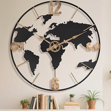 Pytha Sight 20 Inch Large Wall Clock,Modern Decorative Big World Map with Vintage Gold Arabic Numeral Extra Giant Metal Oversized Wall Clocks for Living Room,Office,Kitchen,Dining Room,Bedroom