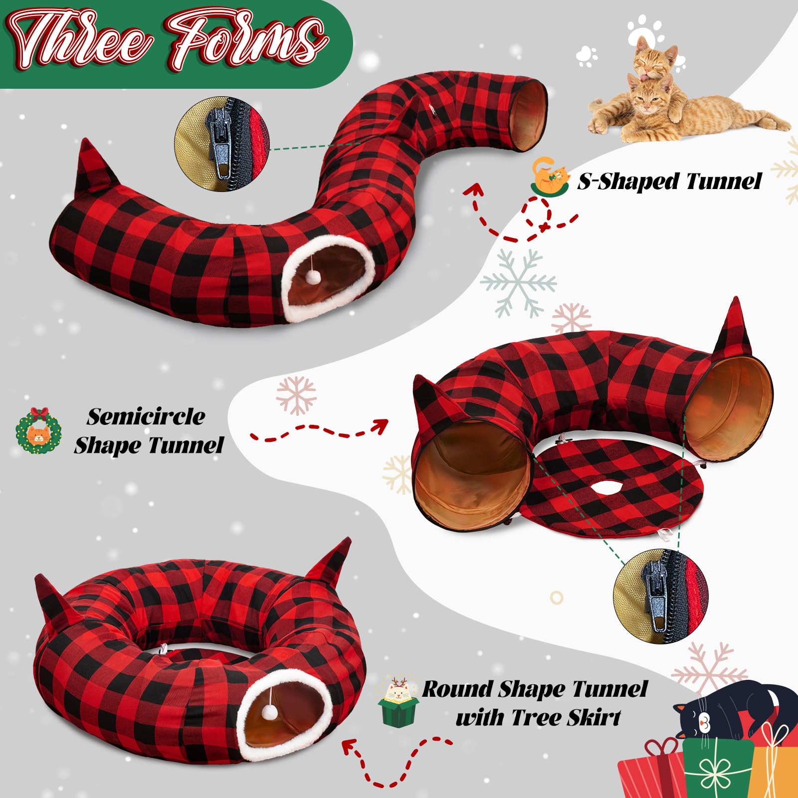 OurWarm Katzentunnel mit Weihnachtsbaumrock, Katzenbetten für Indoor-Katzen mit hängendem Ball, Büffelkariert, Weihnachtsdekorationen, Katzenhöhle für Katzen und Kleintiere, Innen- und