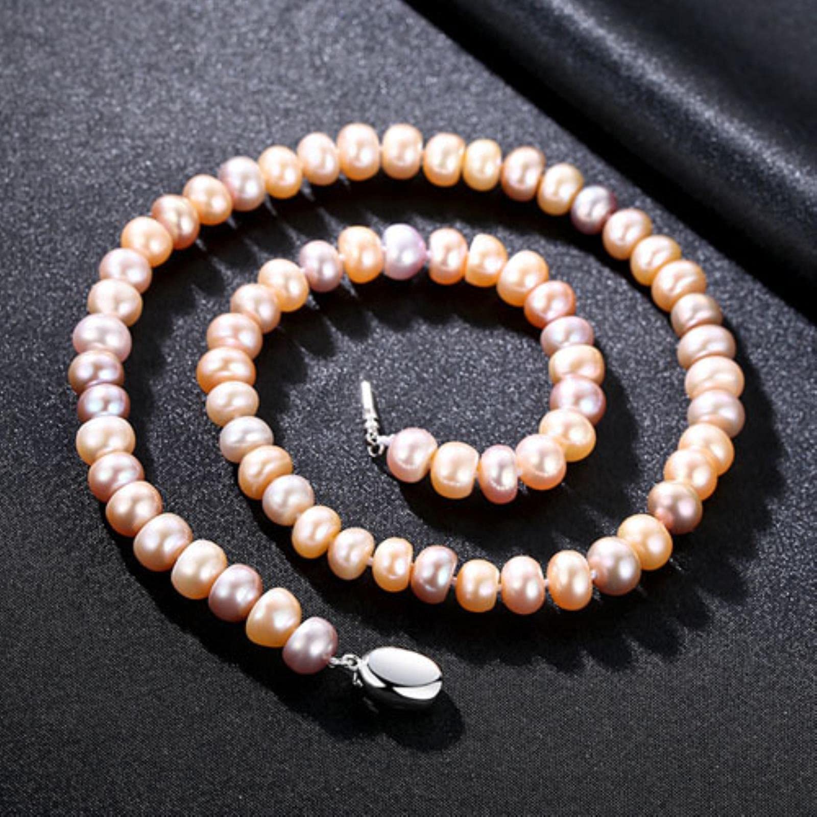 LOKILOKI Collar De Perlas De Plata 925 para Mujer 7-8 Mm Collar De Perlas De Agua Dulce Naturales Impecables Joyería Fina