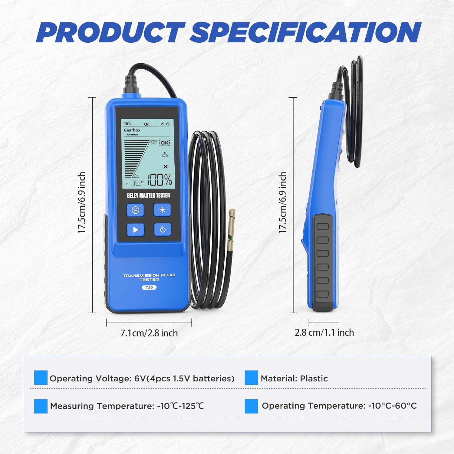 Automotive Transmission Fluid Tester Oil Analyzer Detector with Temperature Sensor, Gasoline & Diesel Gearbox Oil Diagnostic Tool with 31.5in Hose 2.8in Backlight Display (T20)