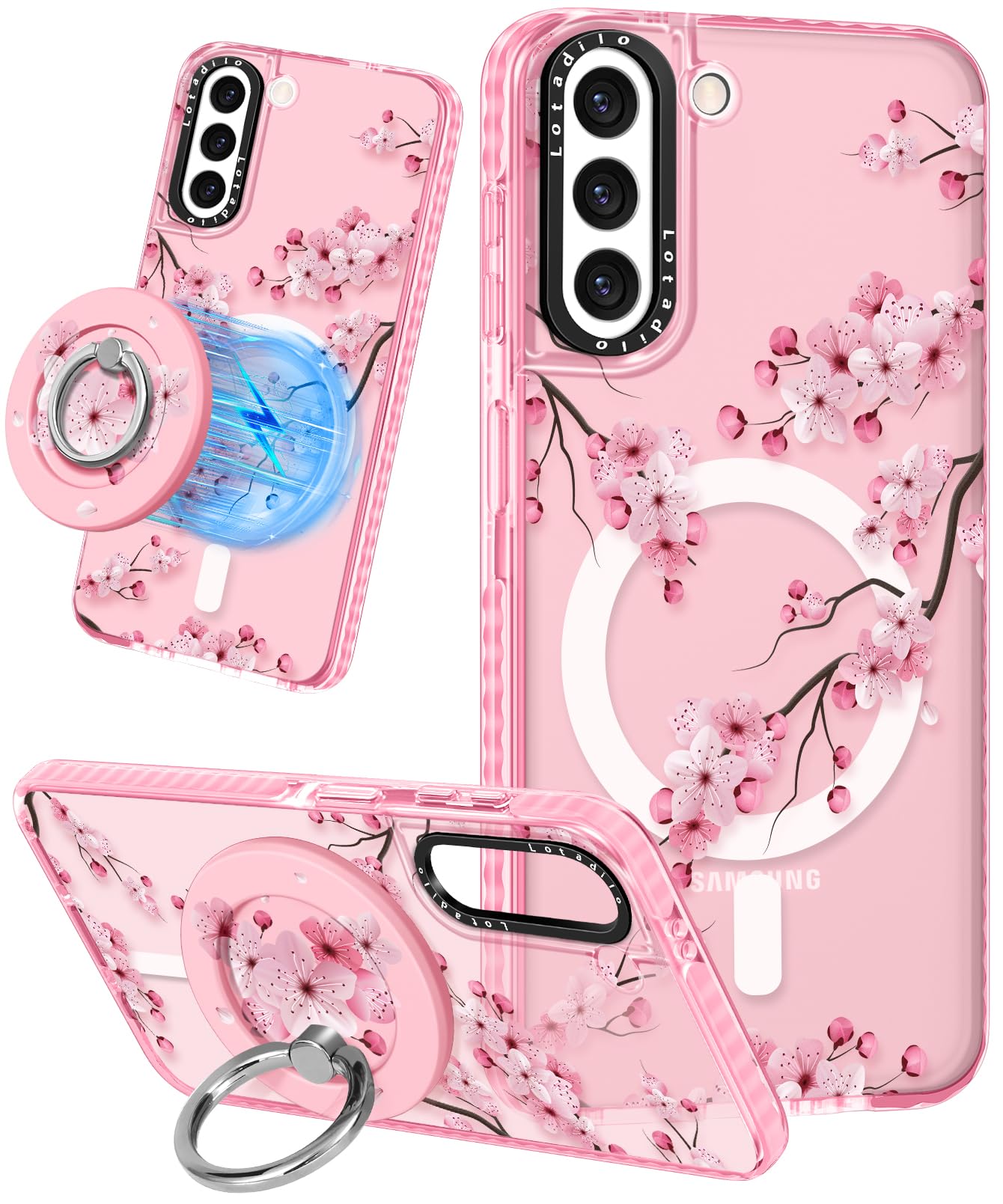 Lotadilo Cute Case for Samsung Galaxy S21 Plus for Women Girls - Funny Design Compatible with Magsafe Magnetic Ring Holder Kickstand Art Peach Blossom