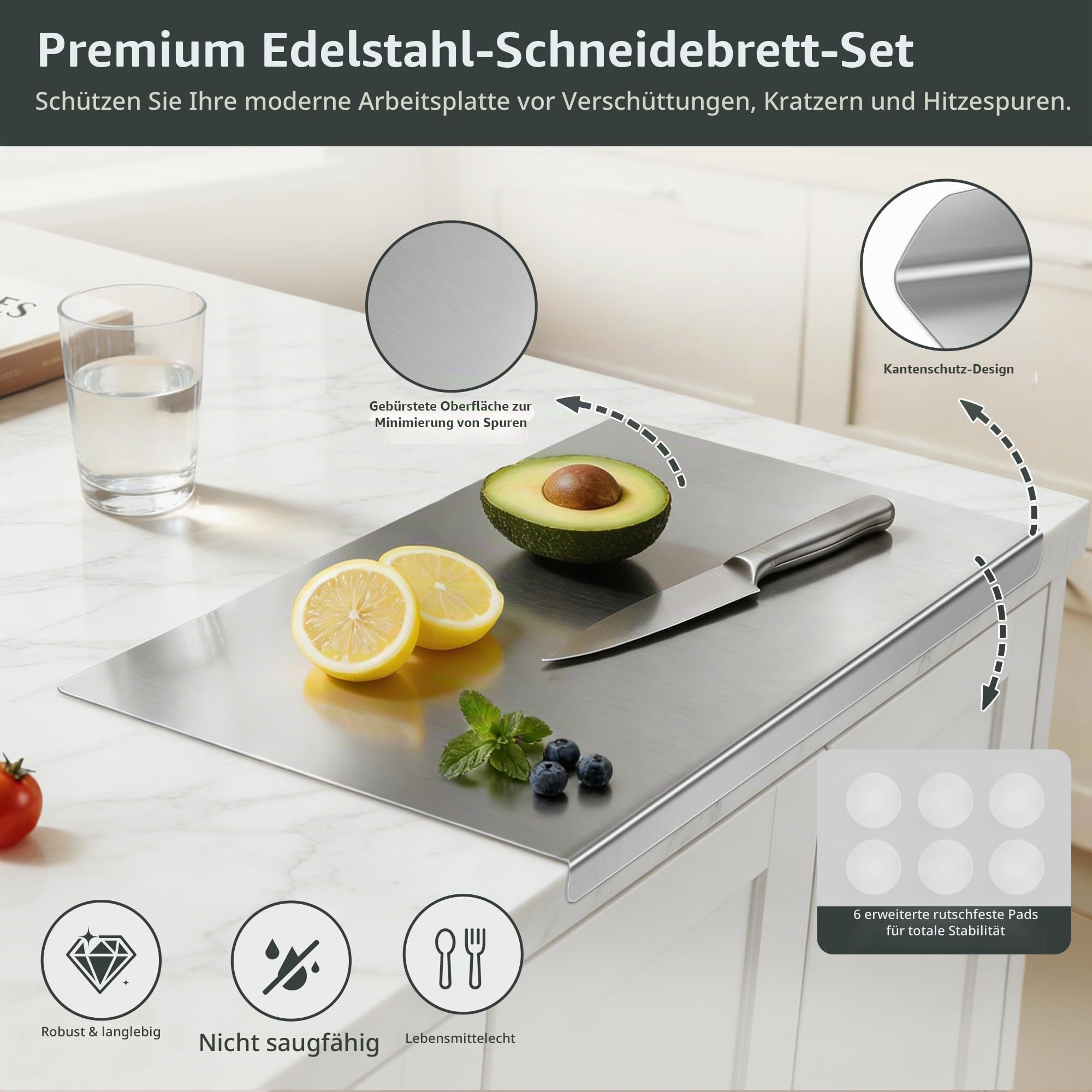 Edelstahl Schneidebrett Set für die Küche, 2er-Pack Metall Schneidebrett mit Kantenanschlag, spülmaschinengeeignetes Schneidebrett für Fleisch, Gemüse, Obst, Brot & Teigkneten (40 x 30 cm)