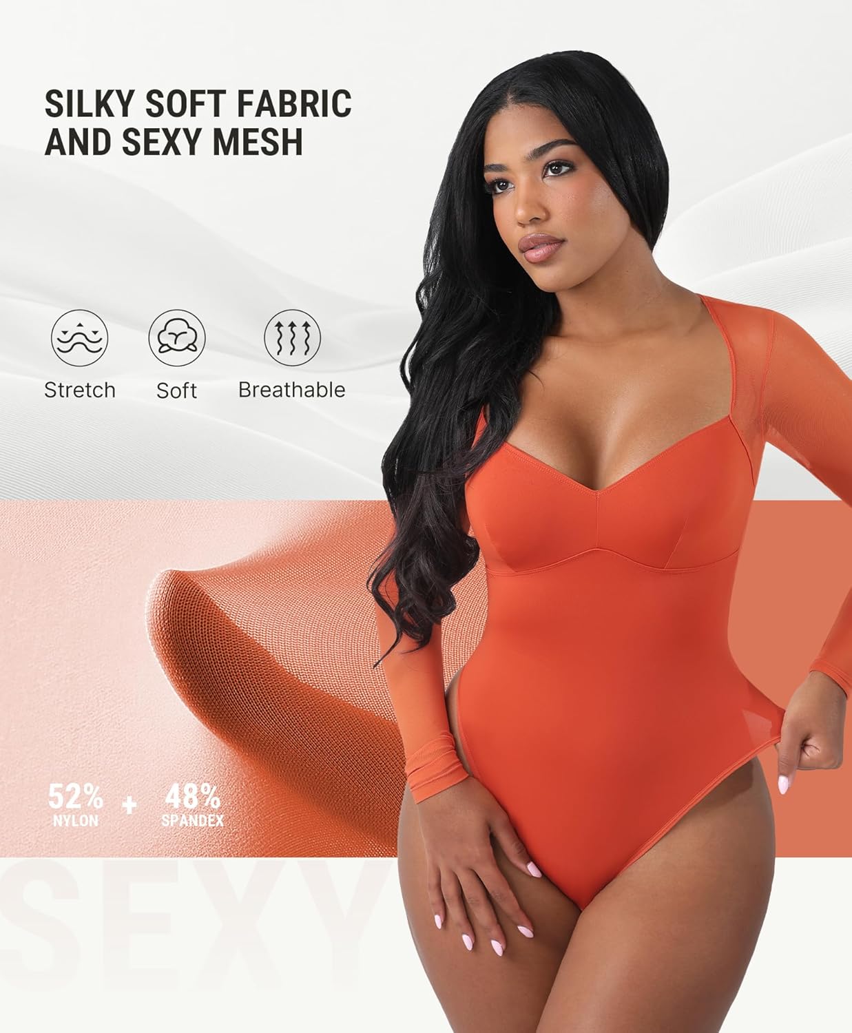 FeelinGirl Long Sleeve Bodysuit for Women Sexy Mesh V Neck Body Suits Thong Corset Top Going Out Outfits for Party
