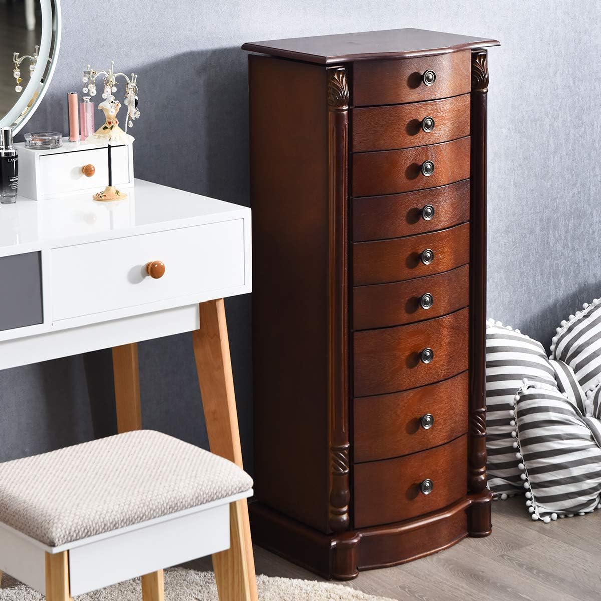 Giantex Large Jewelry Armoire Cabinet with 8 Drawers & 2 Swing Doors 16 Hooks Top Mirror Boxes, Standing Cambered Front Storage Chest Stand, Large Standing Jewelry Armoire, Dark Walnut : Clothing, Shoes & Jewelry