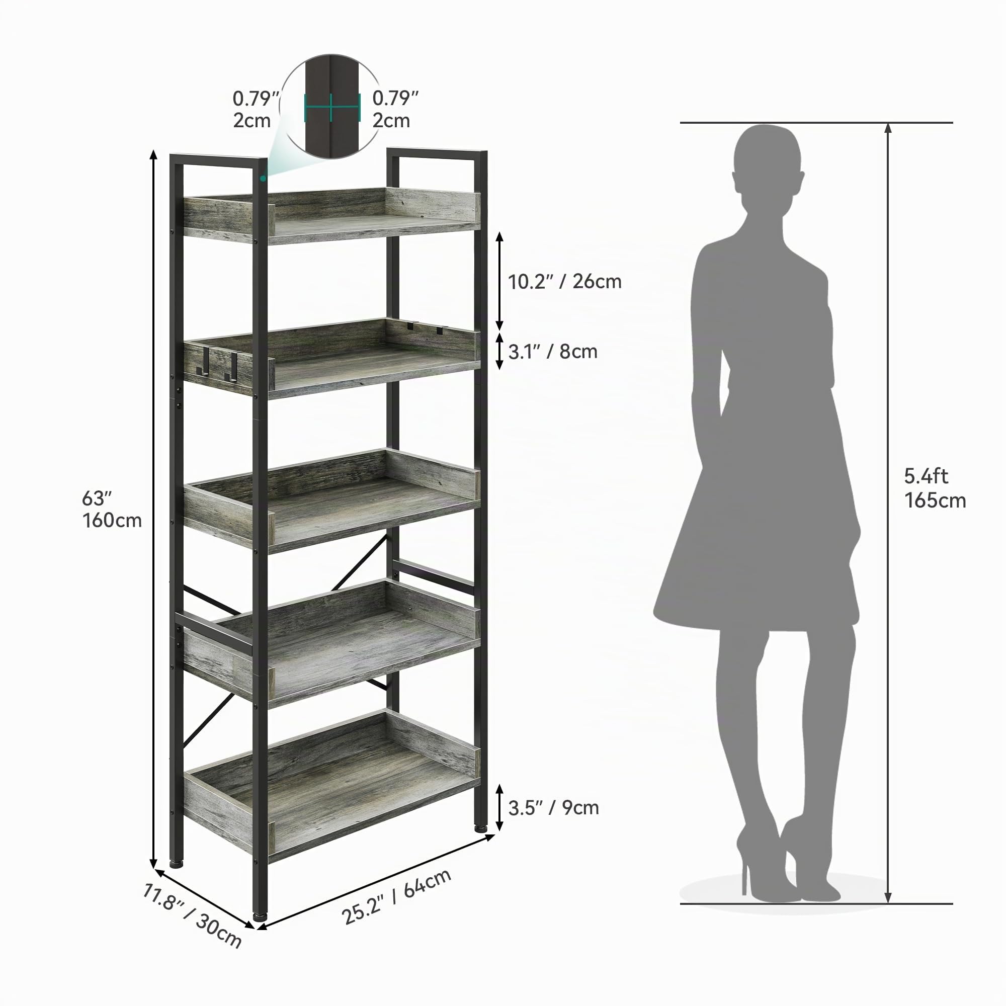 YITAHOME Estantería de 5 Niveles, Librería de pie para Libros, Estante de Madera y Marco de Acero Estable, con 4 Ganchos, Estante de Almacenamiento Industrial para Sala de Estar, Gris