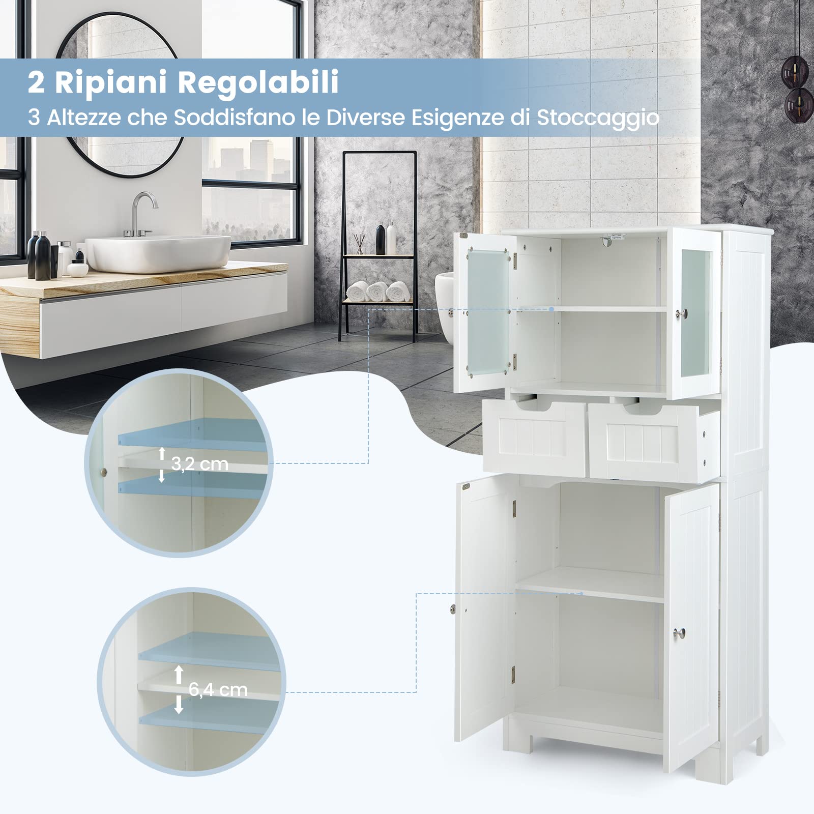 COSTWAY Armadio da Terra con 4 Ante, Mobile da Bagno con 2 Ante in Vetro 2 Cassetti e Ripiani Regolabili, Armadio Multifunzionale per Bagno e Soggiorno (Bianco, 60x30x128cm)
