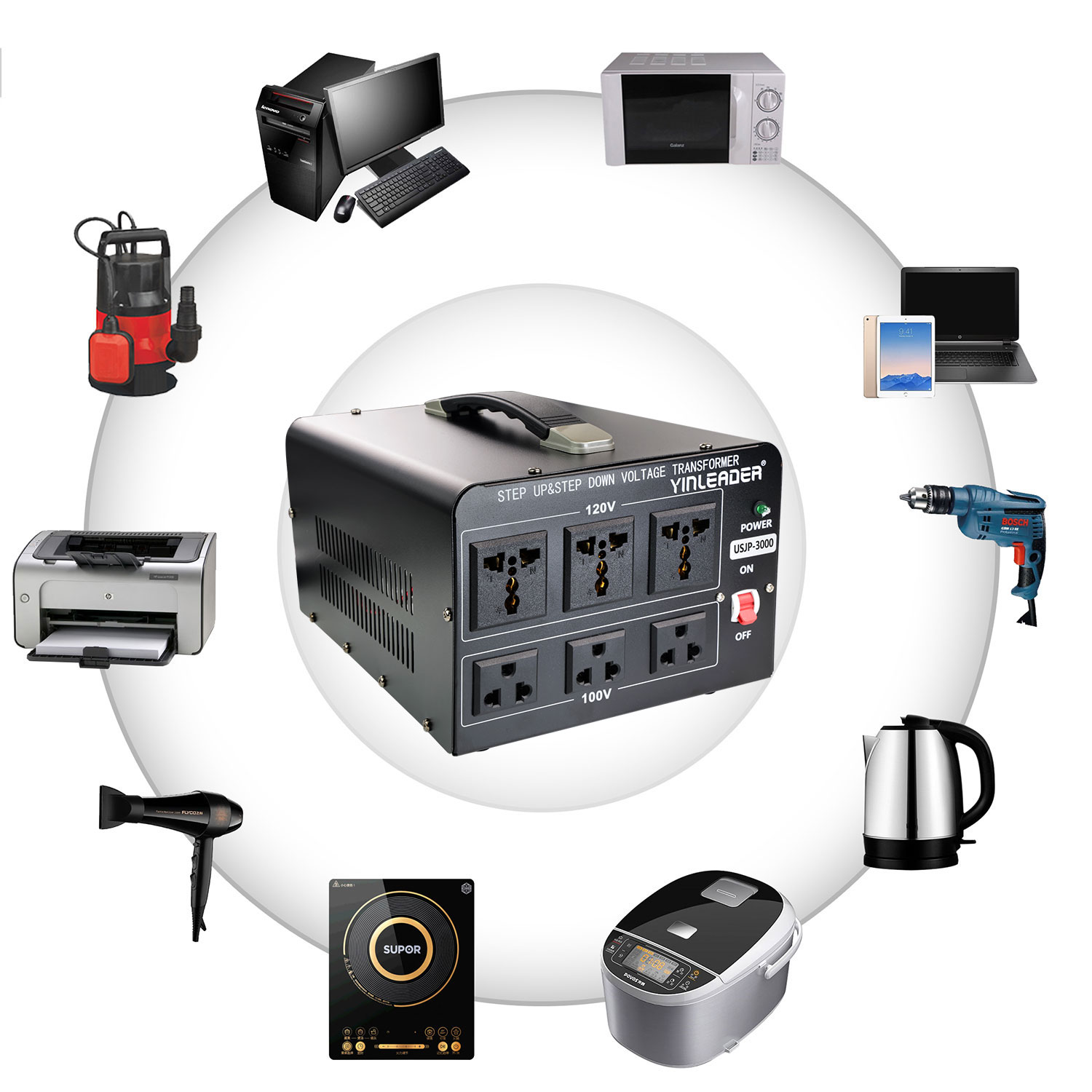 Image of Yinleader 3000W 120V to 100V Voltage Converter US to Japan Step Down /Up Transformer for Japanese Hair Dyer /Turntable /Rice Cooker /breadmaker /Oven /Heater /Freezer, etc. in US