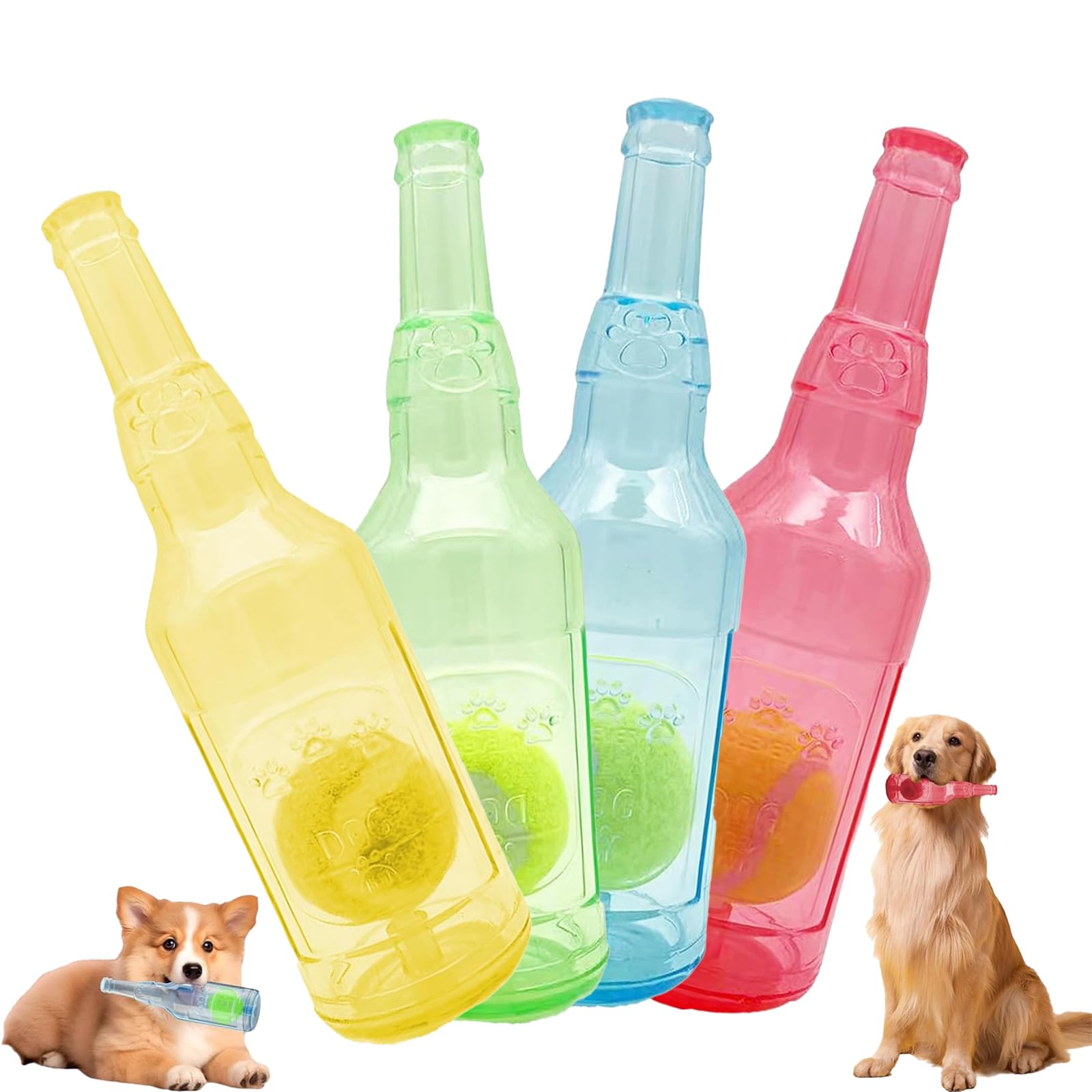 LLELEMAMO Crunch Play Bottle Toy, Crunchnplay Bottle Toy for Dogs, 9.7"/7.7" Rubber water bottle dog toy, Interesting Squeaky Dog Toys, Outdoor Interactive Dog Chew Toy with Tennis Ball (4Pcs,Small)