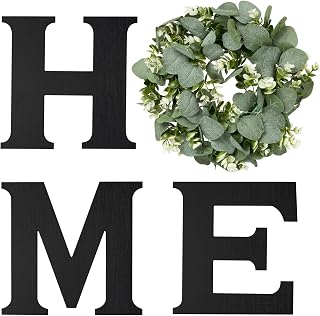 Mkono Rustic Farmhouse HOME Wall Sign with Artificial Eucalyptus Wreath - Black Wooden Hanging Decor for Living Room, Kitchen, Entryway