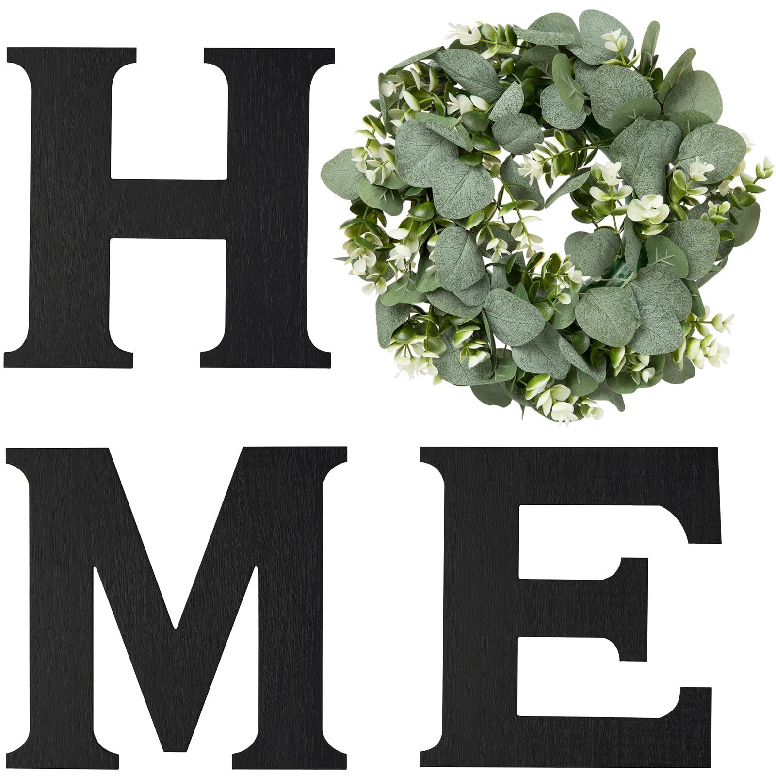 Mkono Farmhouse Wall Home Sign with Artificial Eucalyptus for O Rustic Wooden Hanging Letters Decorative Wall Art Decor