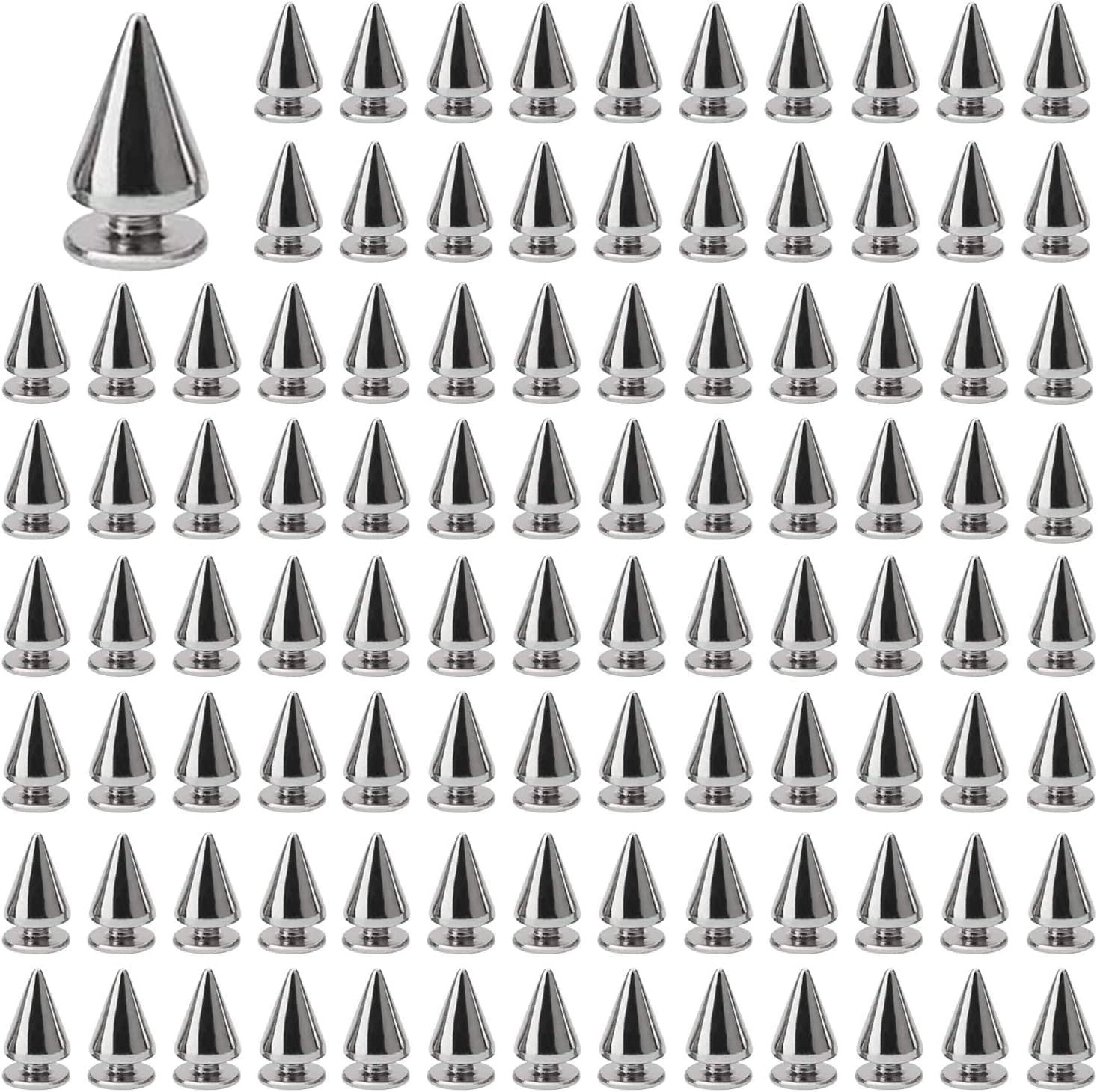 Juibao 100x Cone Spikes Studs with Screwbacks Punk Rivets, Double Cap Rivet for Punk Spikes on DIY Leather Bags Clothes Shoes, 7 × 10mm, Silver