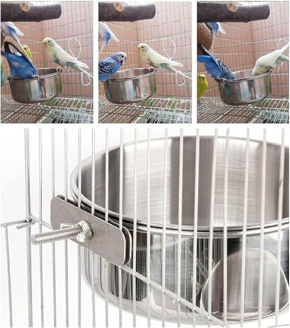 2Pcs Parrot Food Water Bowls,Bird Feeding Dish Cups Set,Stainless Steel Pet Hanging Bowl 12cm,Bird Cage Water Bowl with Clamp for Small Animal,Cockatiel Conure Budgies Parakeet Lovebird Chinchilla