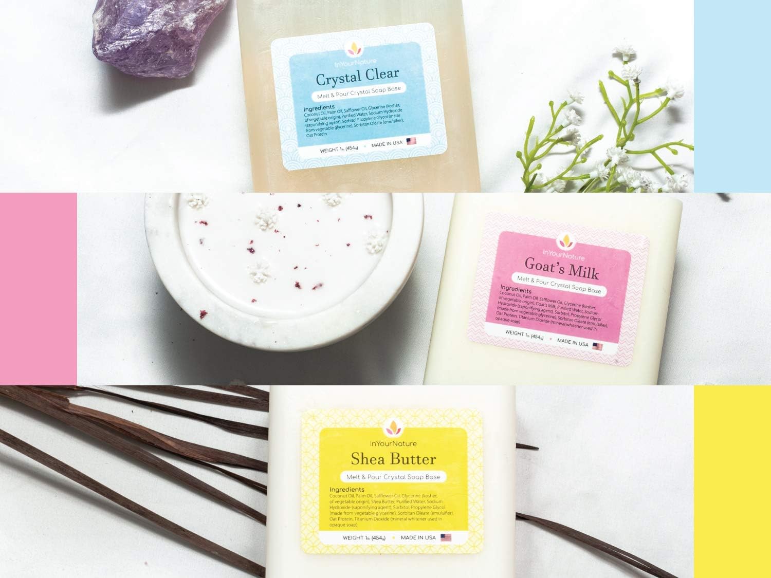 InYourNature Soap Base Melt and Pour for Soap Making 6 x 1 LB Organic Soap Kit, Shea Butter, Goats Milk, Clear Glycerin, Oatmeal, Honey, Hemp Seed Oil, All Natural Soap Base DIY, Soap Making Supplies: Arts, Crafts & Sewing