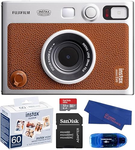 Fujifilm INSTAX MINI EVO Cámara instantánea híbrida (marrón) paquete, incluye 60 mini película INSTAX (60 exposiciones), tarjeta de memoria SanDisk