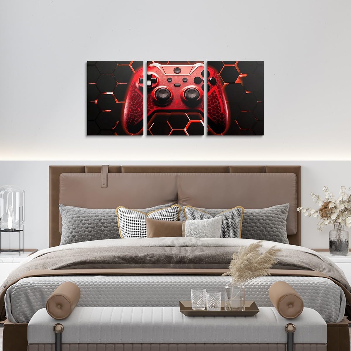 Manfei Red Gamer Canvas Wall Art Geometric Games Controller Wall Decor Prints Home Artwork for Living Room Bedroom, Modern Gaming Wall Painting Posters, Kids Boys Girls Room Decor, 12"x16"x 3Pcs