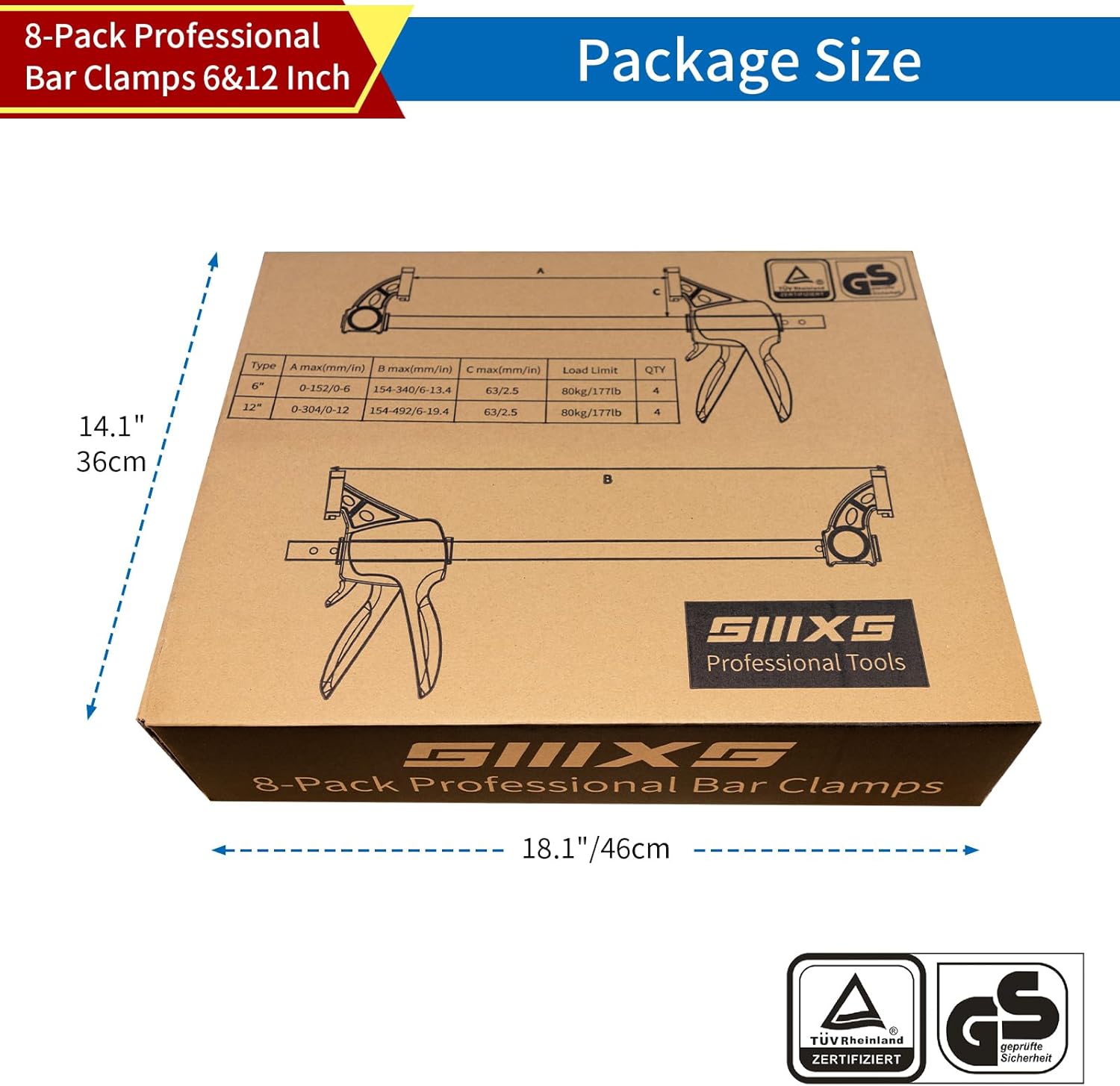 12" and 6" Bar Clamps for Woodworking, 8-Pack One-Handed Wood Clamps/Spreader, Quick-Release F Clamps Set, 177 lbs Load Limit with GS Certificate