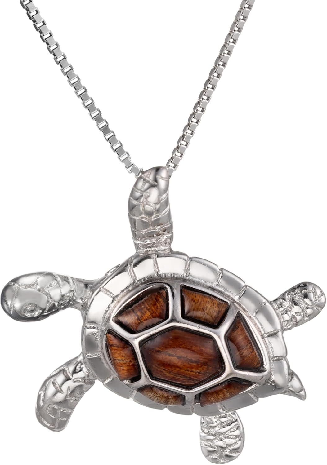 925 Sterling Silver Koa Wood 3D Turtle Necklace Pendant with 18" Box Chain, Nickel Free Hypoallergenic for Sensitive Skin, Ocean Sea Life, Gift Box Included