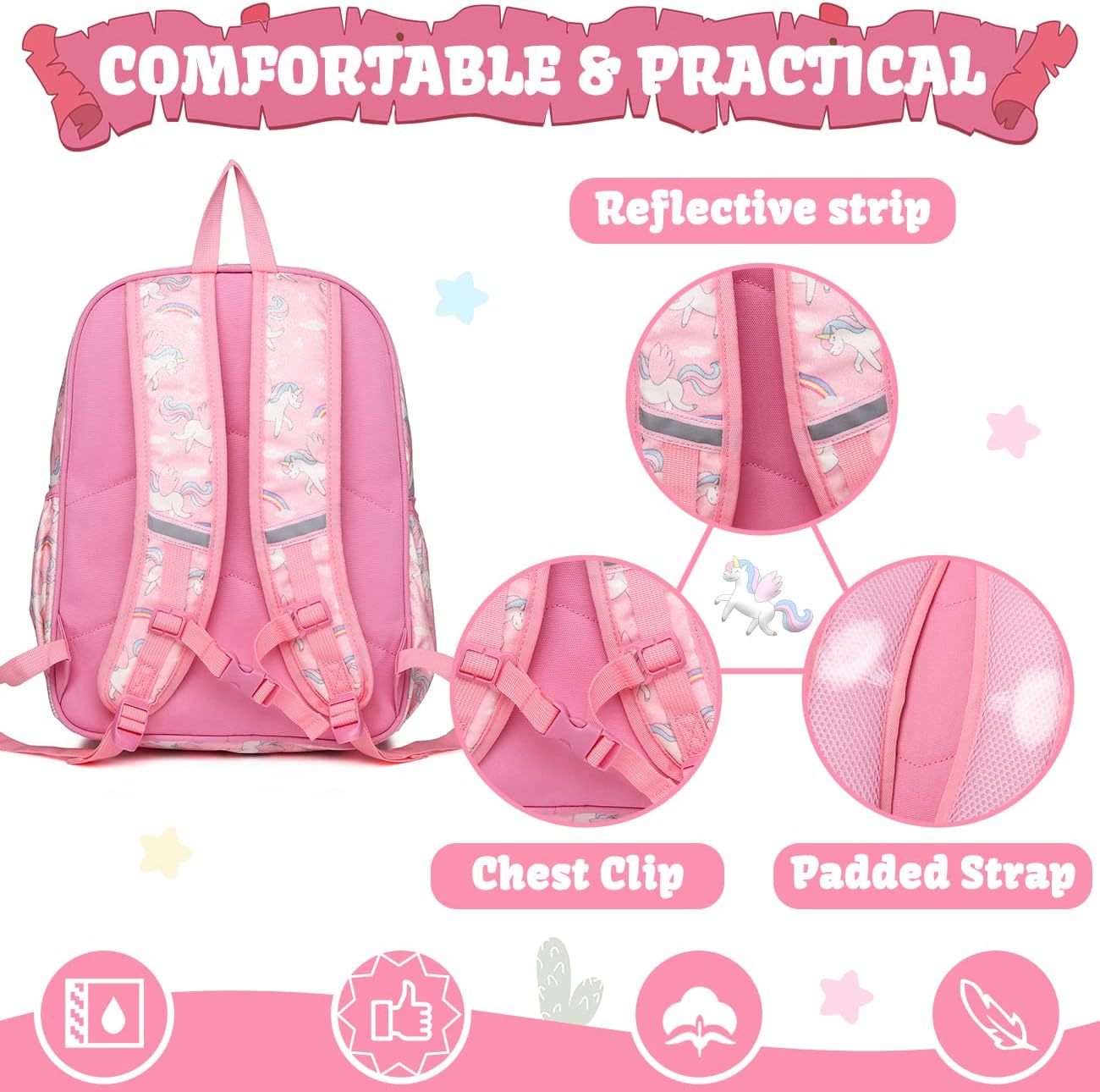 VASCHY 11.5L Lightweight Backpack for Boys Girls Water Resistant Backpack with Reflective Chest Strap with Elastic Bottle Pockets for Kindergarten Glitter Unicorn - Image 4
