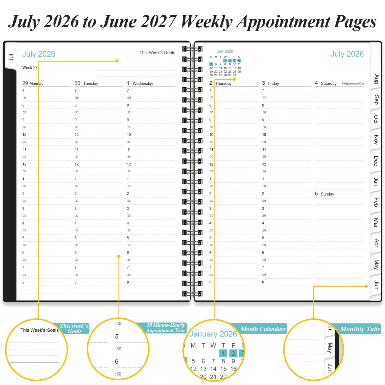 Terminkalender 2026-2027 - Stundenplaner von Juli 2026 - Juni 2027, Terminkalender Wochenbuch 2026-2027 mit 30-Minuten-Intervall, 16,3 x 21,6 cm, Schwarz