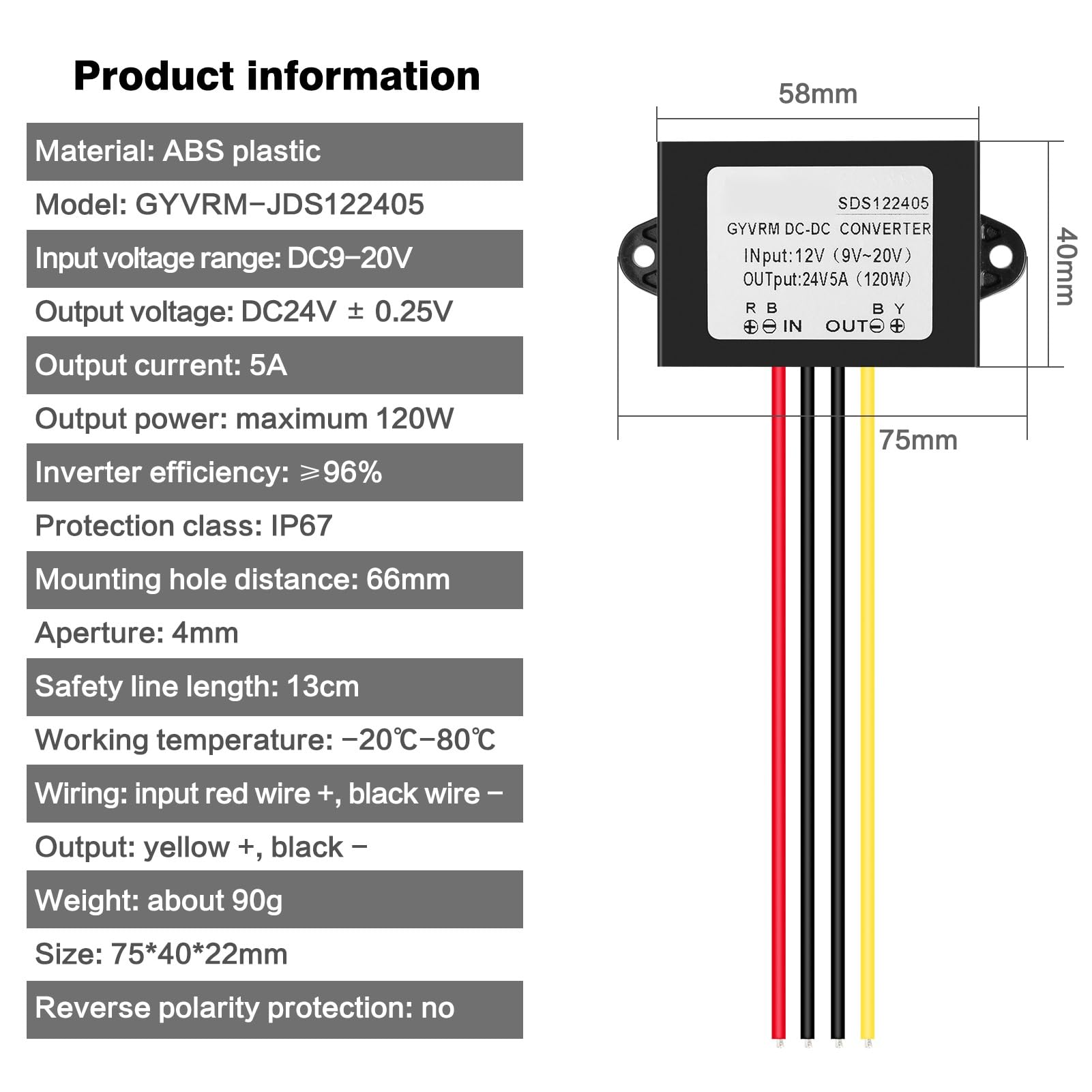 DEWIN 12V auf 24V Spannungswandler, DC-Boost-Wandler DC-DC-Leistungswandler 12V auf 24V 5A Boost-Modul 120W Step-Up-Modul Spannungsregler