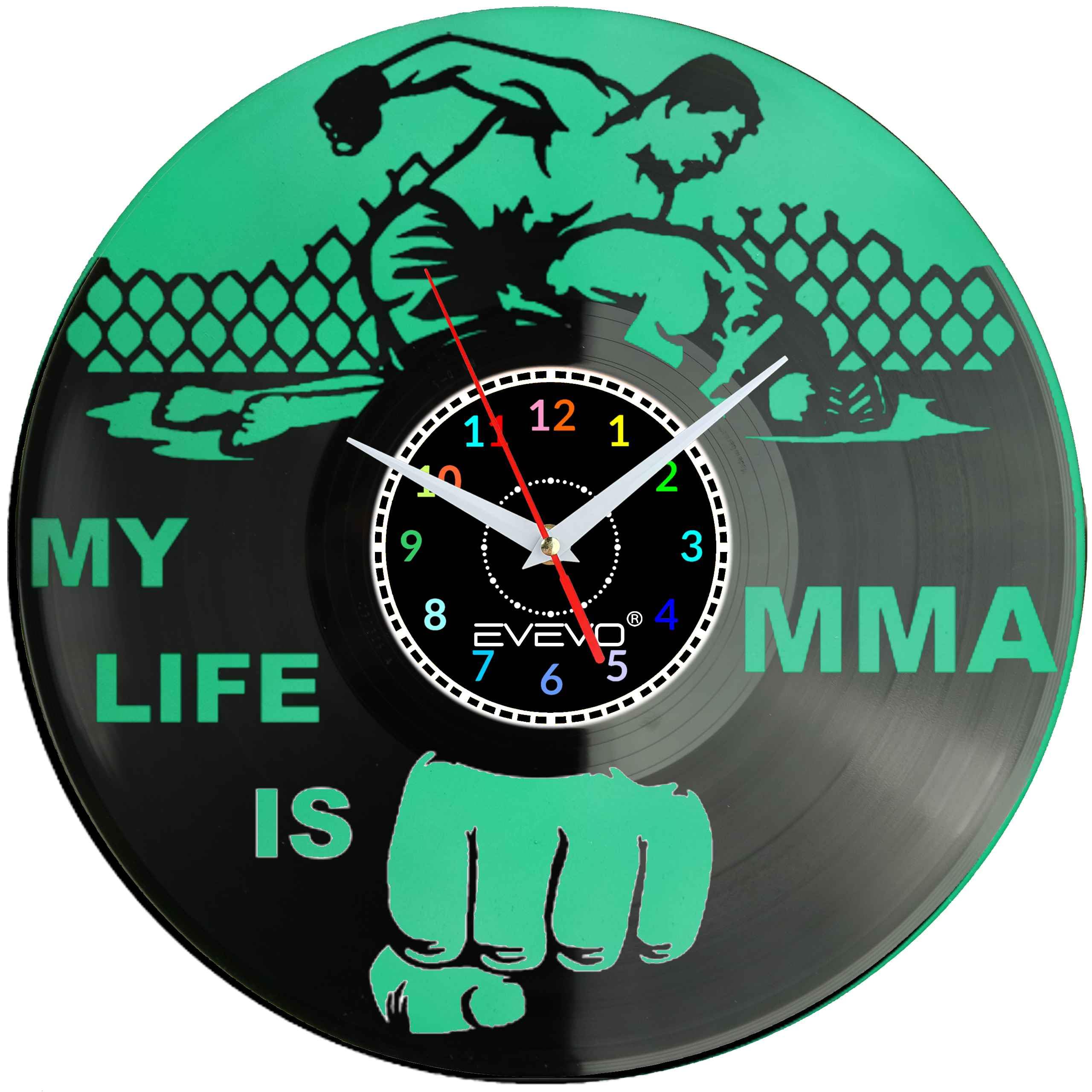 ZEGAR ŚCIENNY MY LIFE IS MMA FLUORESCENCYJNE TŁO PŁYTA WINYLOWA PREZENT UPOMINEK URODZINY GIFT SOUVENIR EVEVO F0048