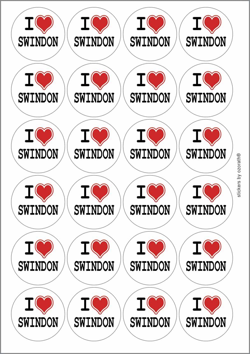 I Heart Love Swindon Circular Matt Paper Stickers A4 Sheet of 24 (Each Sticker is 45mm Diameter)