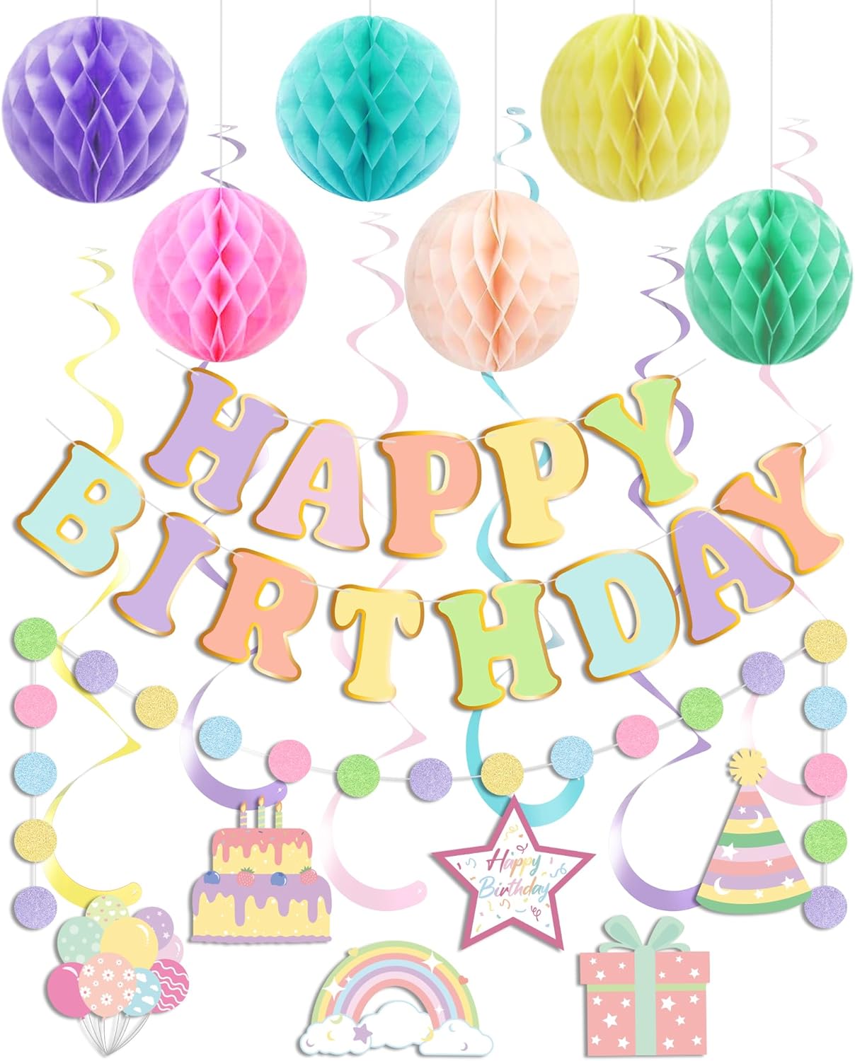 Ouddy Life Pastel Birthday Decorations for Girls Women, Colorful Happy Birthday Banner with Hanging Swirls Streamers Honeycomb Balls Paper Pompoms Glitter Circle Dots Garland for Easter Party Supplies