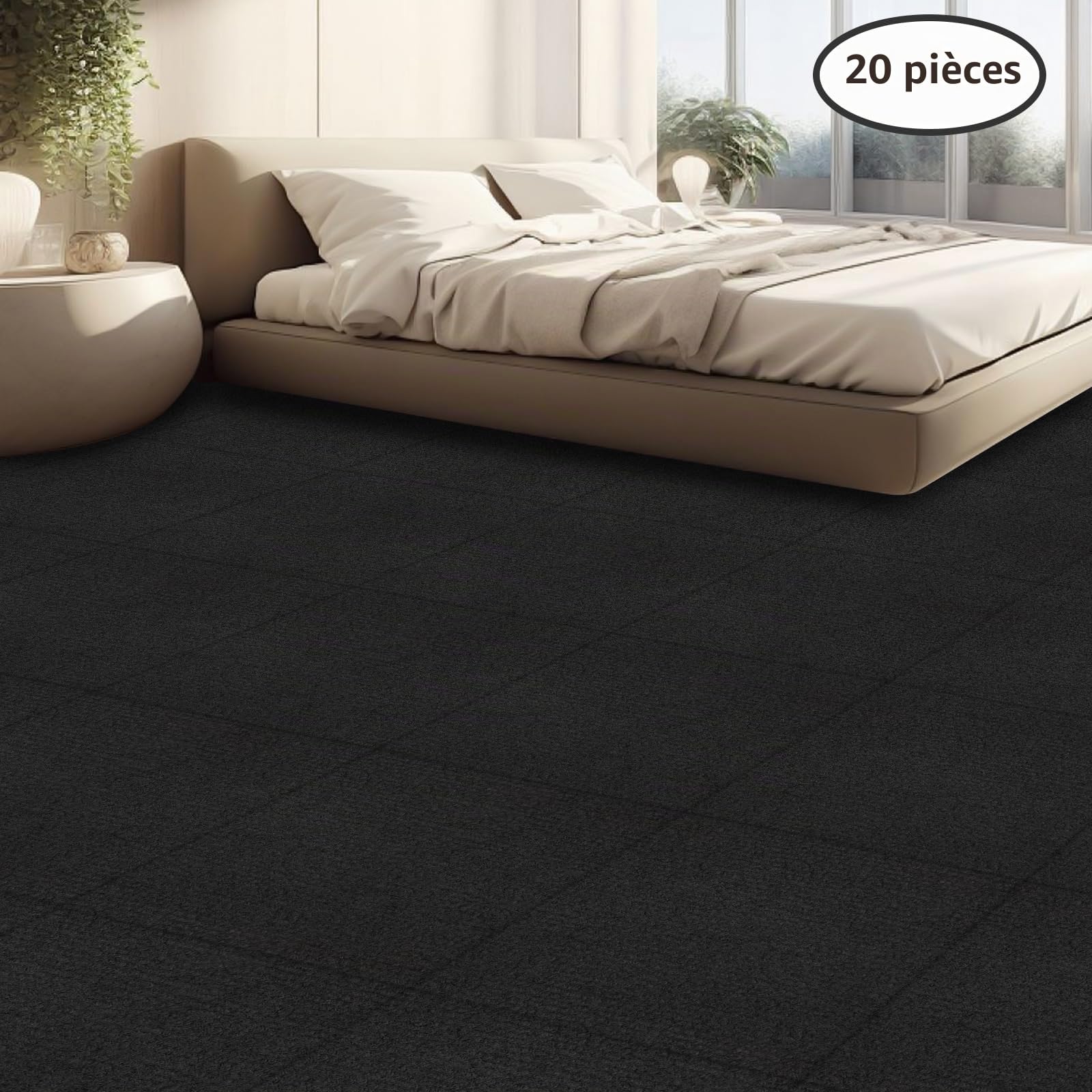 Lot de 20 carreaux de tapis carrés auto-posés - 50 x 50 cm - Résistant - Avec patch adhésif pour toutes les pièces, maison, bureau, chambre à coucher - Antidérapants - Noir - 5 m²