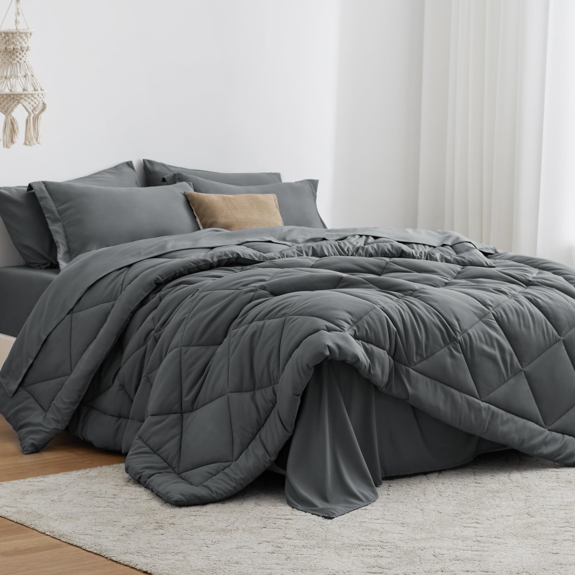 Love's cabin King Size Comforter Set Dark Grey, 7 Pieces King Bed in a Bag, All Season Bedding Sets with 1 Comforter, 1 Flat Sheet, 1 Fitted Sheet, 2 Pillowcase and 2 Pillow Sham | Soft, Breathable, Lightweight, Comfortable