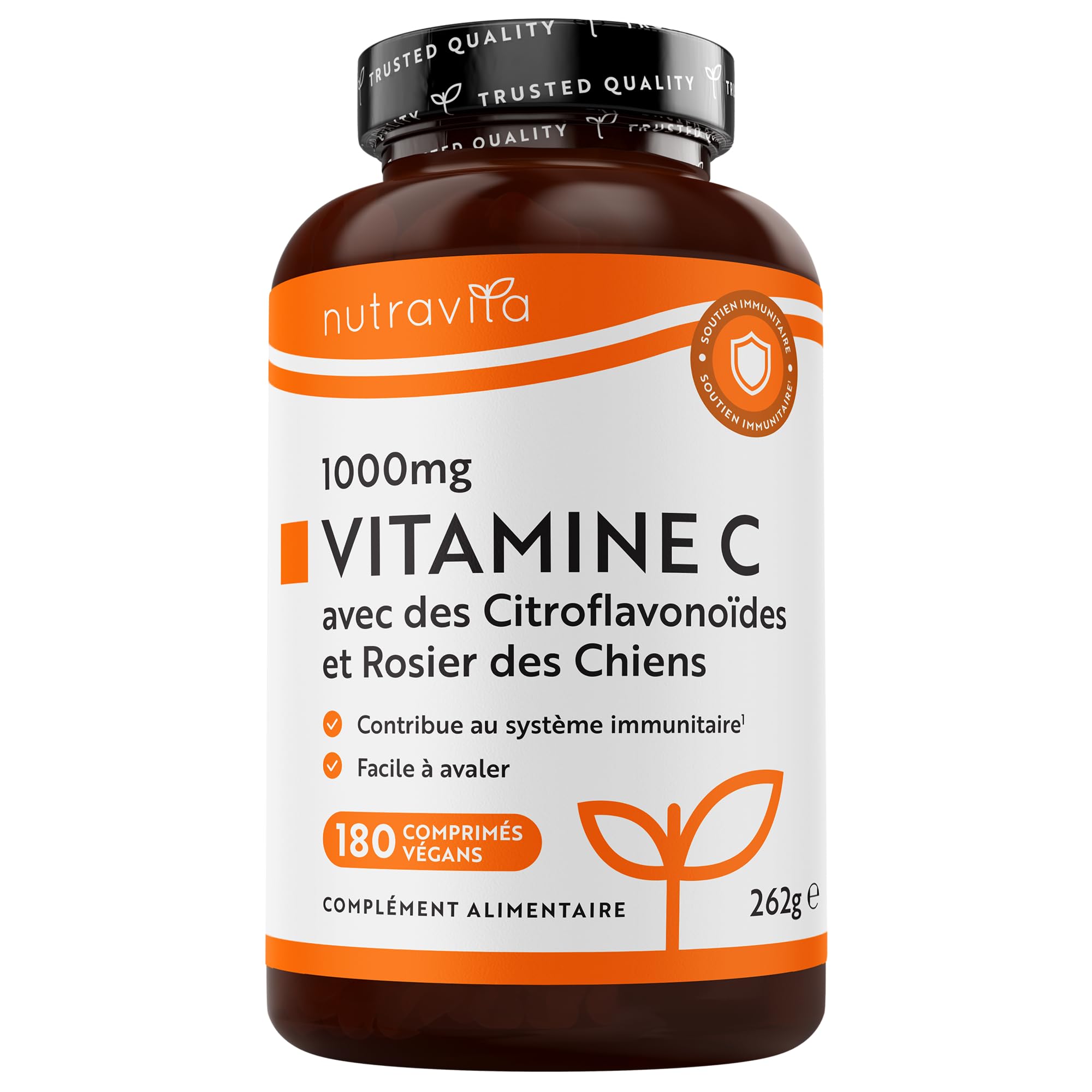 Nutravita Vitamine C 1000mg - Cure de 6 Mois, 180 Comprimés Vegan - Contribue à réduire la Fatigue, au Fonctionnement Normal du Système Immunitaire et à la Formation de Collagene - Vitamin C