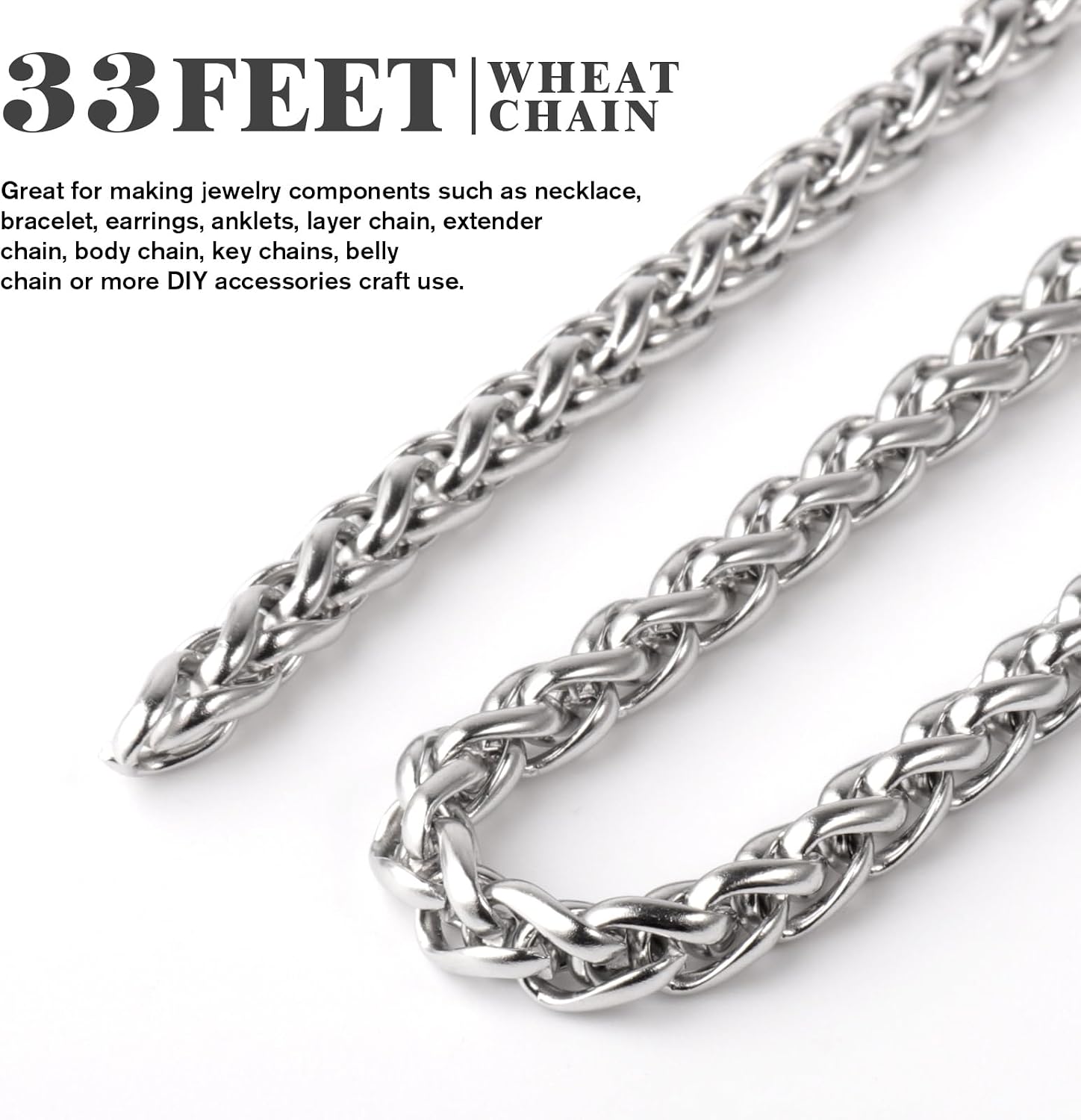 33 Feet Stainless Steel Wheat Chain Roll, 4mm Width 304 Stainless Steel Foxtail Chain Bulk Twisted Link Chains Spool for Jewelry Making