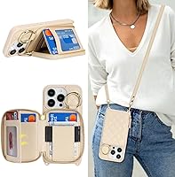 Vista 25 de Funda tipo cartera con bandolera para iPhone 15 Pro Max, funda de piel sintética con cierre de cremallera, funda tipo atril con ranuras para Oro Rosa