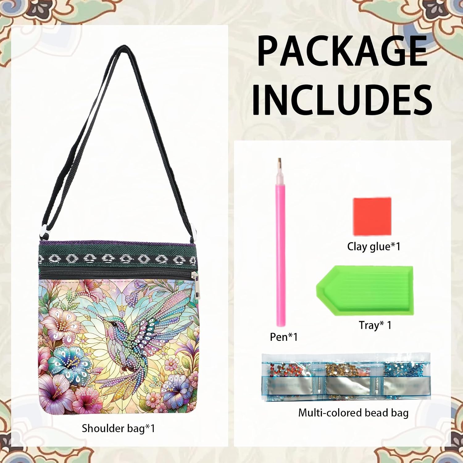 Diamond Painting Shoulder Bag, DIY 5D Hummingbird and Flowers Pattern Diamond Art Artificial Crystal Special Shape Crystal Artificial Partial Mosaic Crafts Adjustable shoulder strap Shoulder Bag image 4
