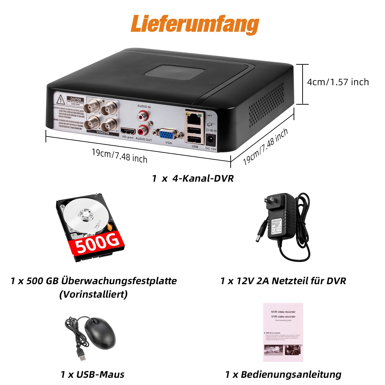 4-Kanal CCTV Überwachungs-DVR mit 500 GB HDD, 4 Ch 5MP H.265+ DVR Video-Recorder für Analog XVI AHD TVI IP-Kameras, DVR für Sicherheitskamera-Überwachungssystem für zu Hause, Mobile APP & PC(P-System)
