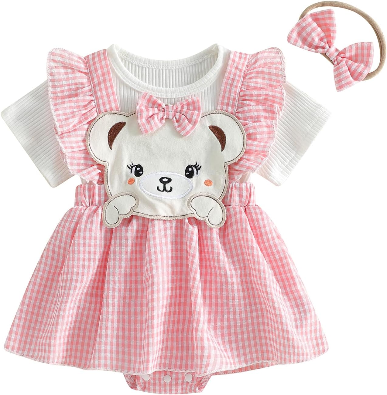 Newborn Baby Girl Clothes Cute Bear Ribbed Short Sleeve Romper Dress Infant Ruffle Plaid Skirt Summer Spring Outfit