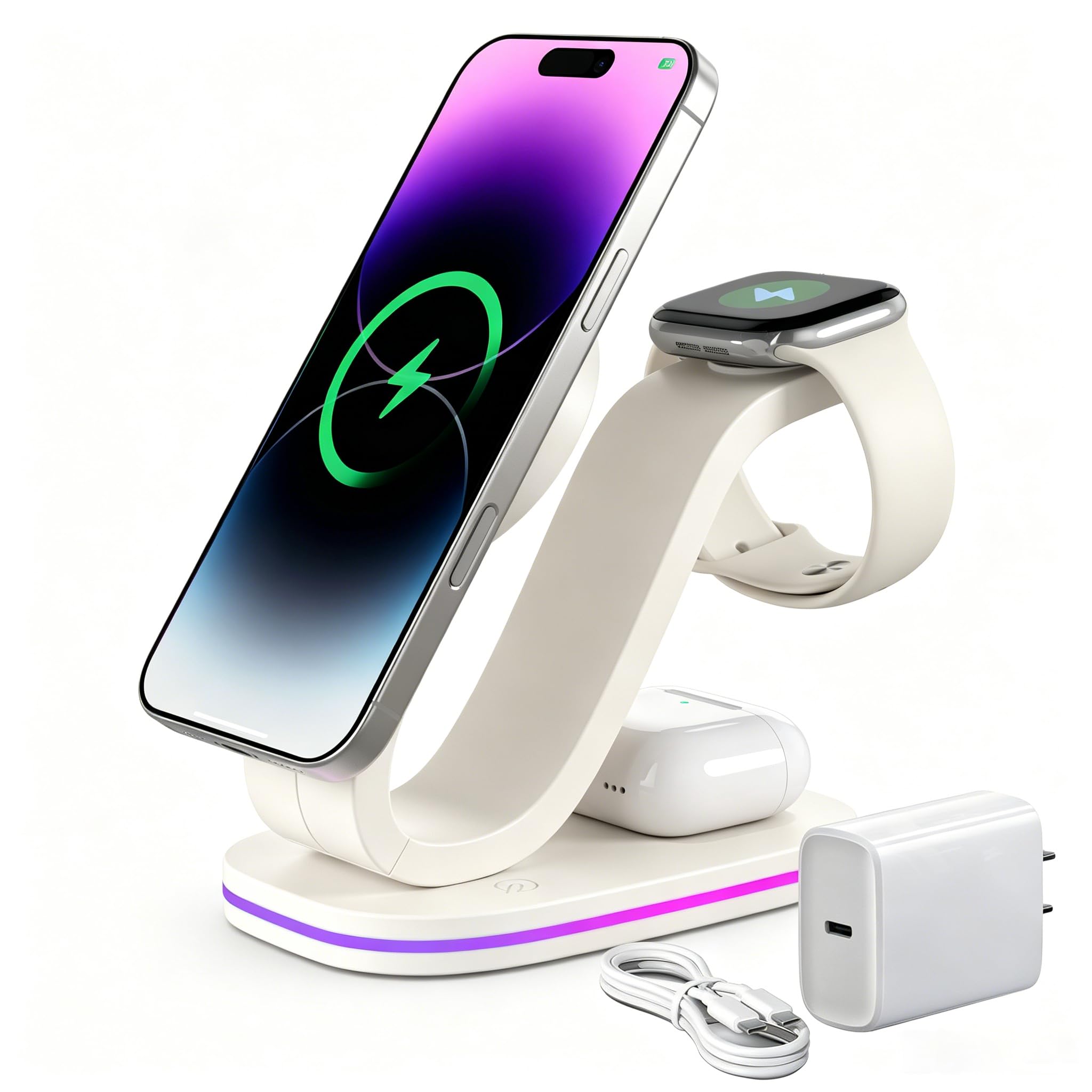 Stazione di ricarica 3 in 1 per iPhone, 2026 Nuova stazione di ricarica wireless veloce da 15 W compatibile Mag-Safe per iPhone 17 16 15 14 13 12 Stazione di ricarica wireless per AirPods