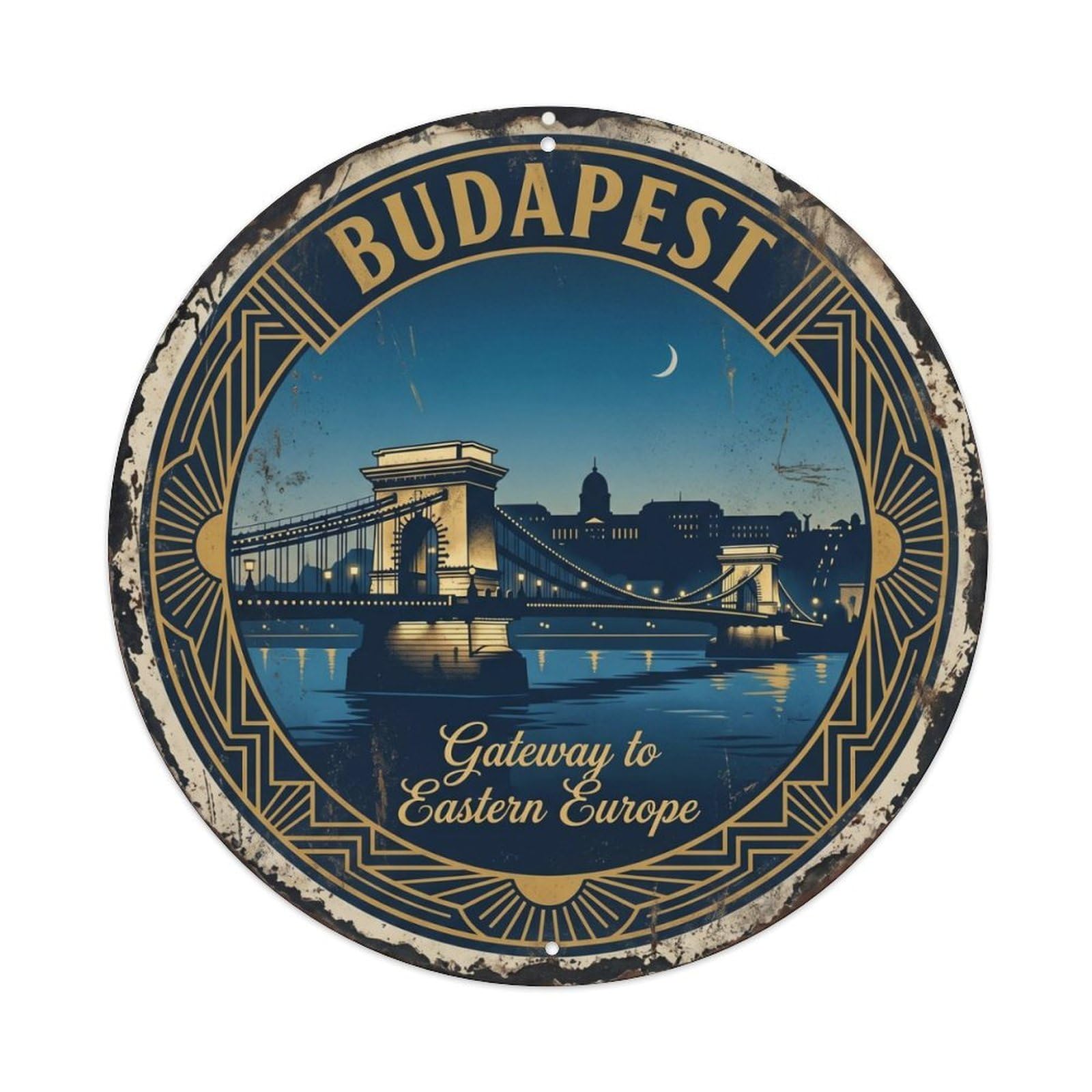 Vintage Travel Bridge Budapest Gateway Metal Tin Sign Plaque Wall Decor for Cafe, Club Bar, Office, Home Garden Round Metal Poster 8x8Inch