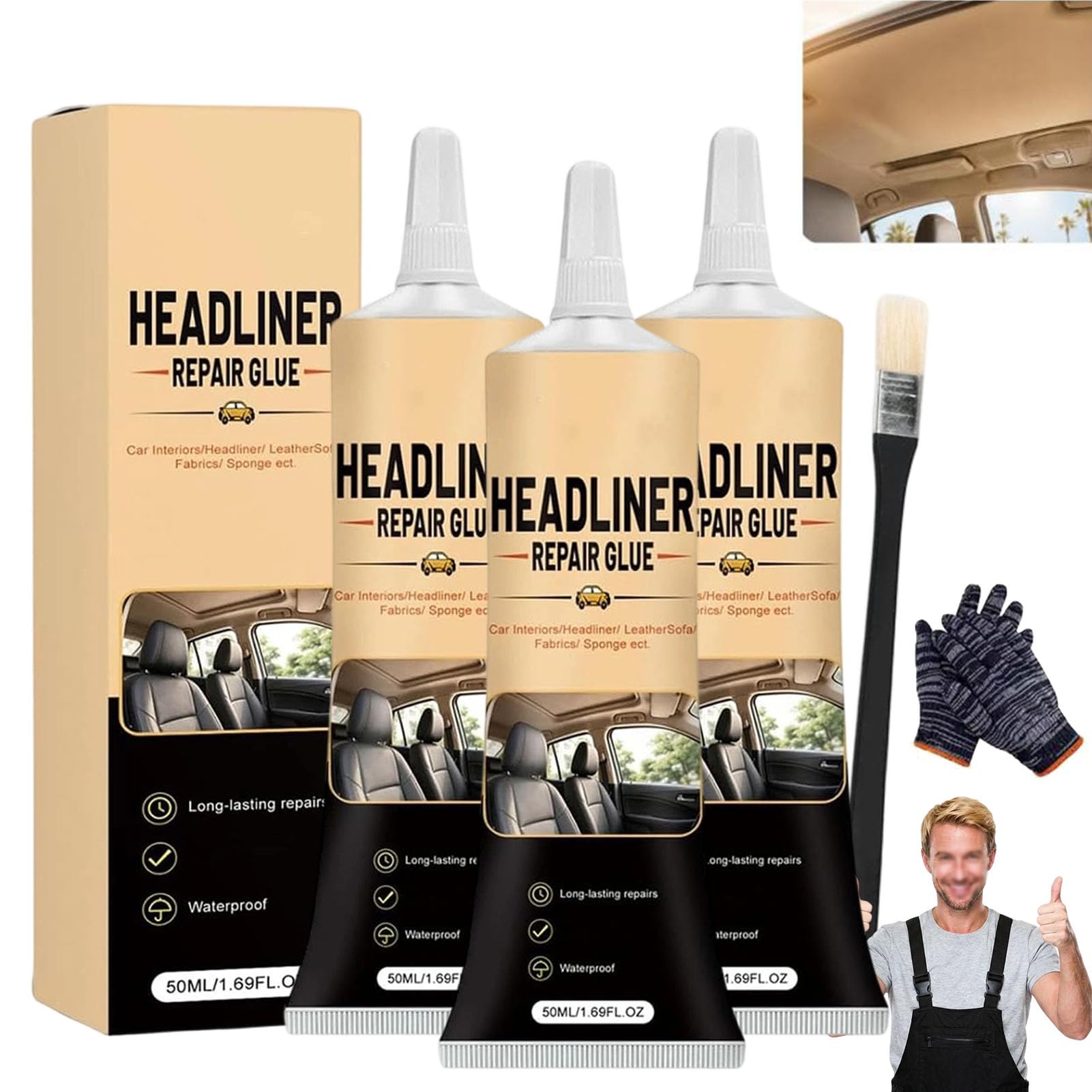 Waterproof Car Headliner Repair Glue, High Strength Adhesive for Sagging Car Ceiling & Interior, Car Headliner Repair Adhesive, Multi-purpose Heavy-Duty Adhesive with Applicator，3Sets