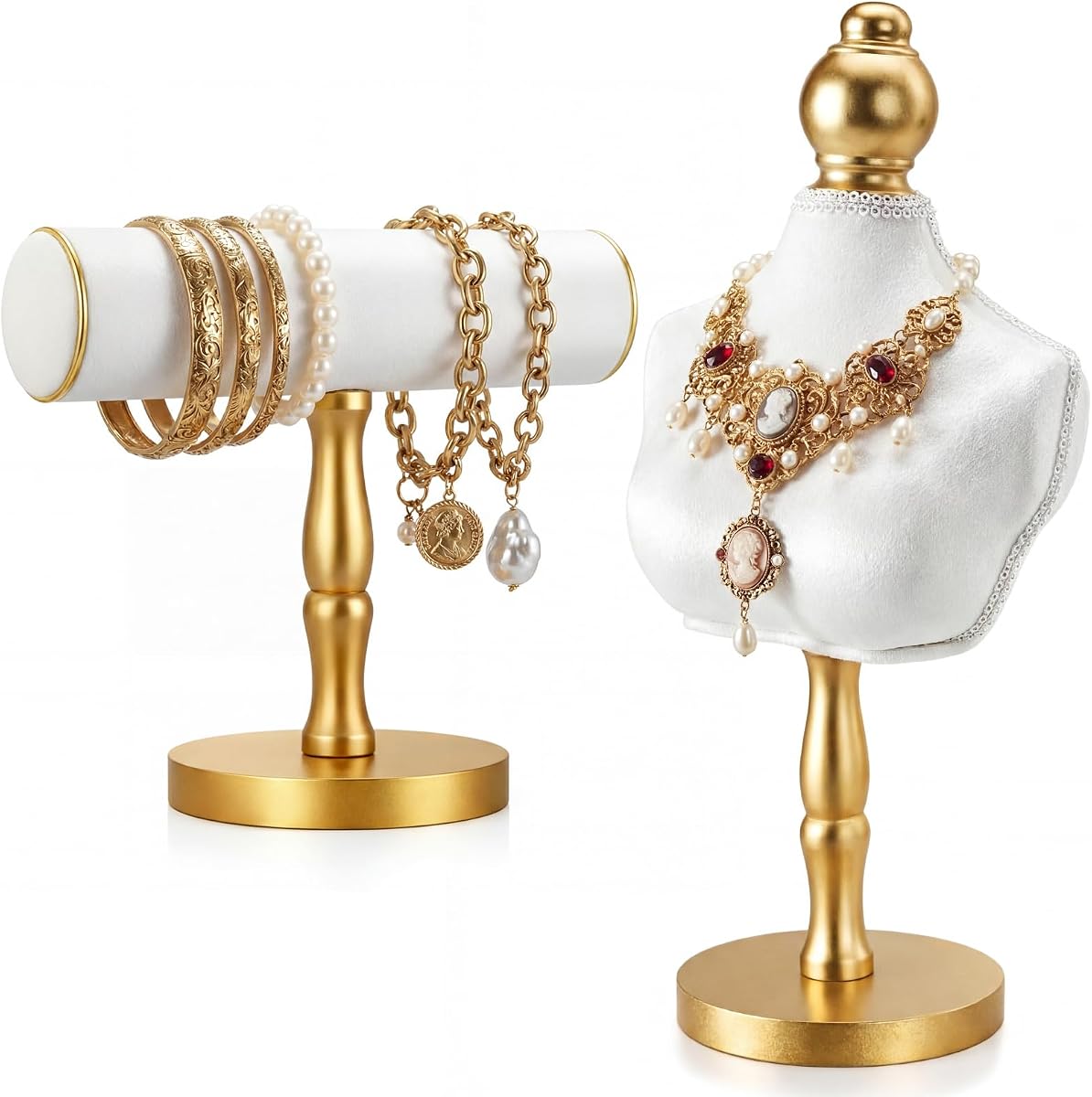 AceOrbit 2 Pcs Vintage Velvet Jewelry Display Set Necklace Mannequin Display Bust T-bar Bracelet Holder for Retail Home Decor(White)