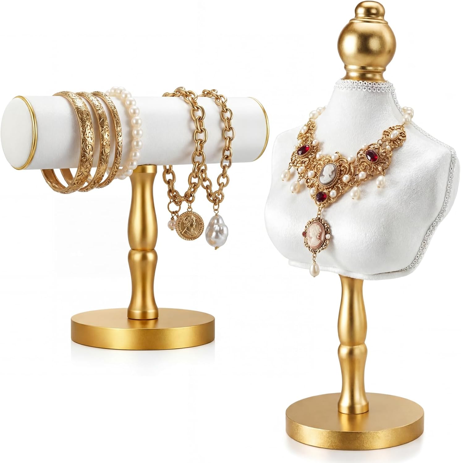 AceOrbit 2 Pcs Vintage Velvet Jewelry Display Set Include White Necklace Mannequin Display Stand and T-bar Bracelet Holder, Jewelry Mannequin Bust Necklace for Retail Home Decor